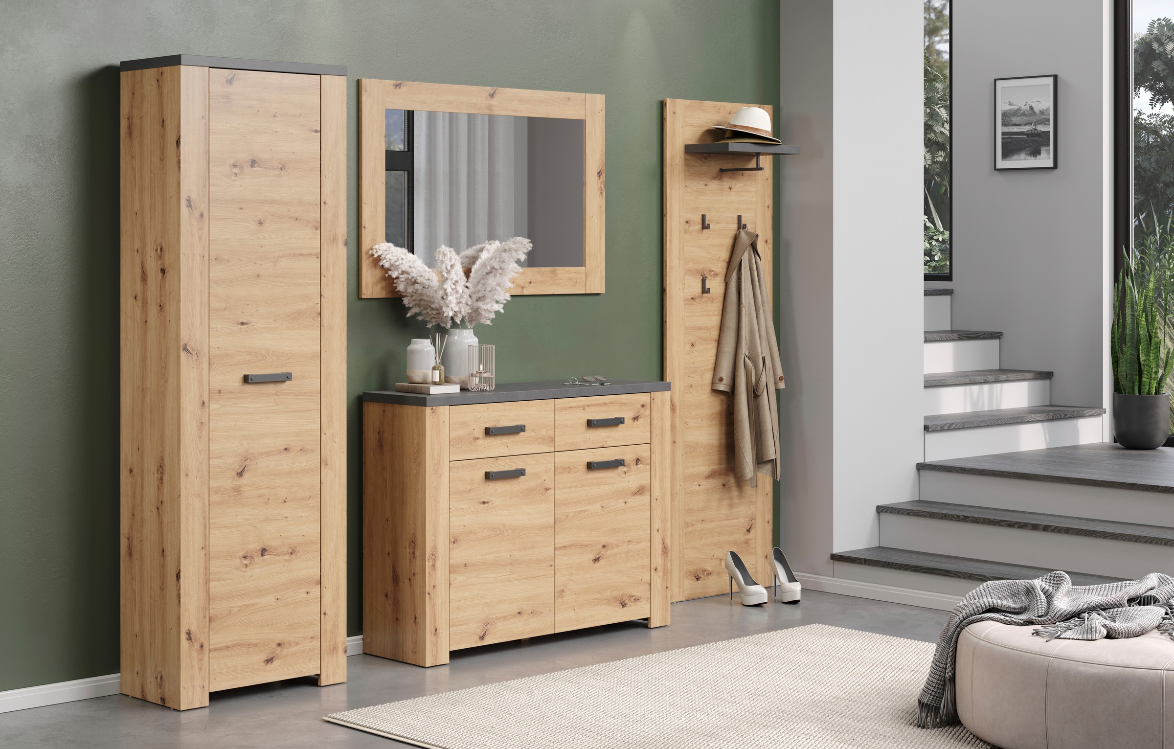 Home affaire Garderobenschrank »Ambres Inkl. ausziehbarer Kleiderstange«, (1 St.), matte Echtholzoptik, ca. 62 cm breit, ausziehbare Kleiderstange
