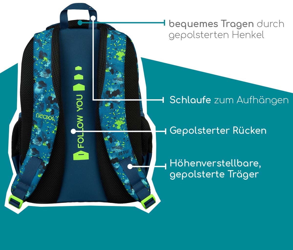 neoxx Schulrucksack »Fly, Petrol Extreme«, Reflektionsnaht, aus recycelten PET-Flaschen