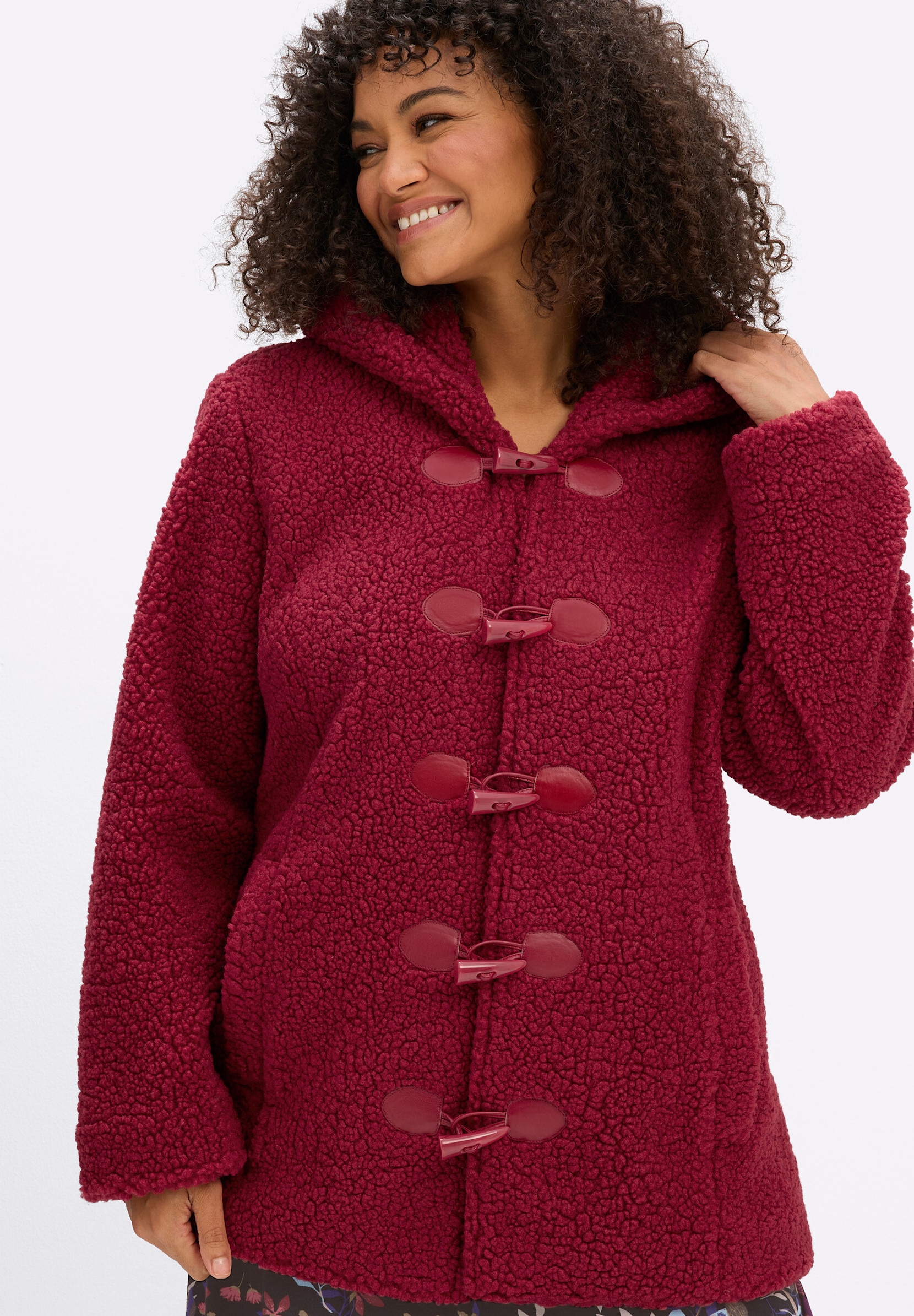 sheego by Joe Browns Kurzjacke »Teddy-Jacke Kapuzenplüschjacke mit Knebelknöpfen« mit Kapuze