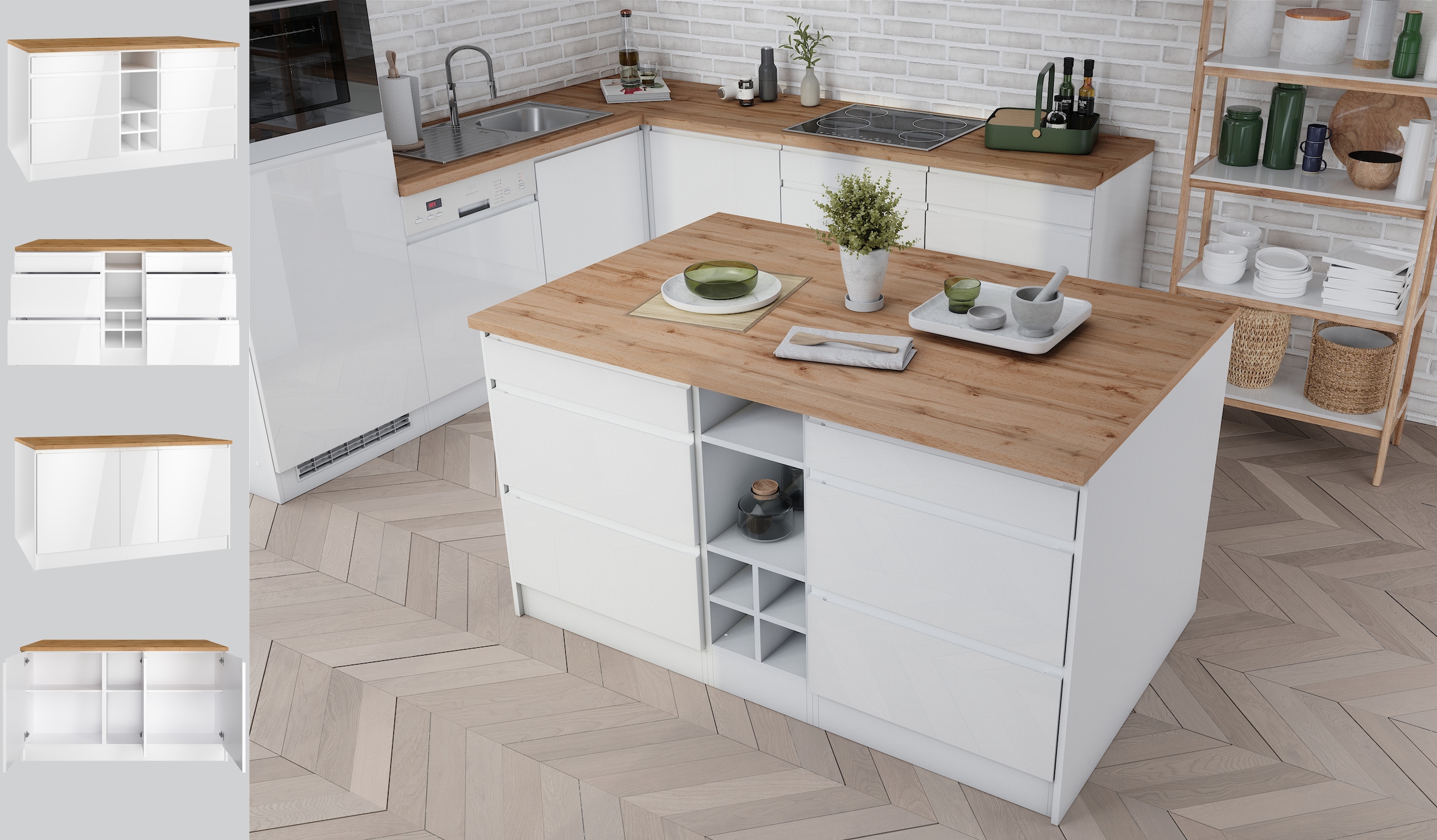 KOCHSTATION Kücheninsel »KS-Virginia«, Breite 153 cm, MDF-Fronten, Flaschenregal