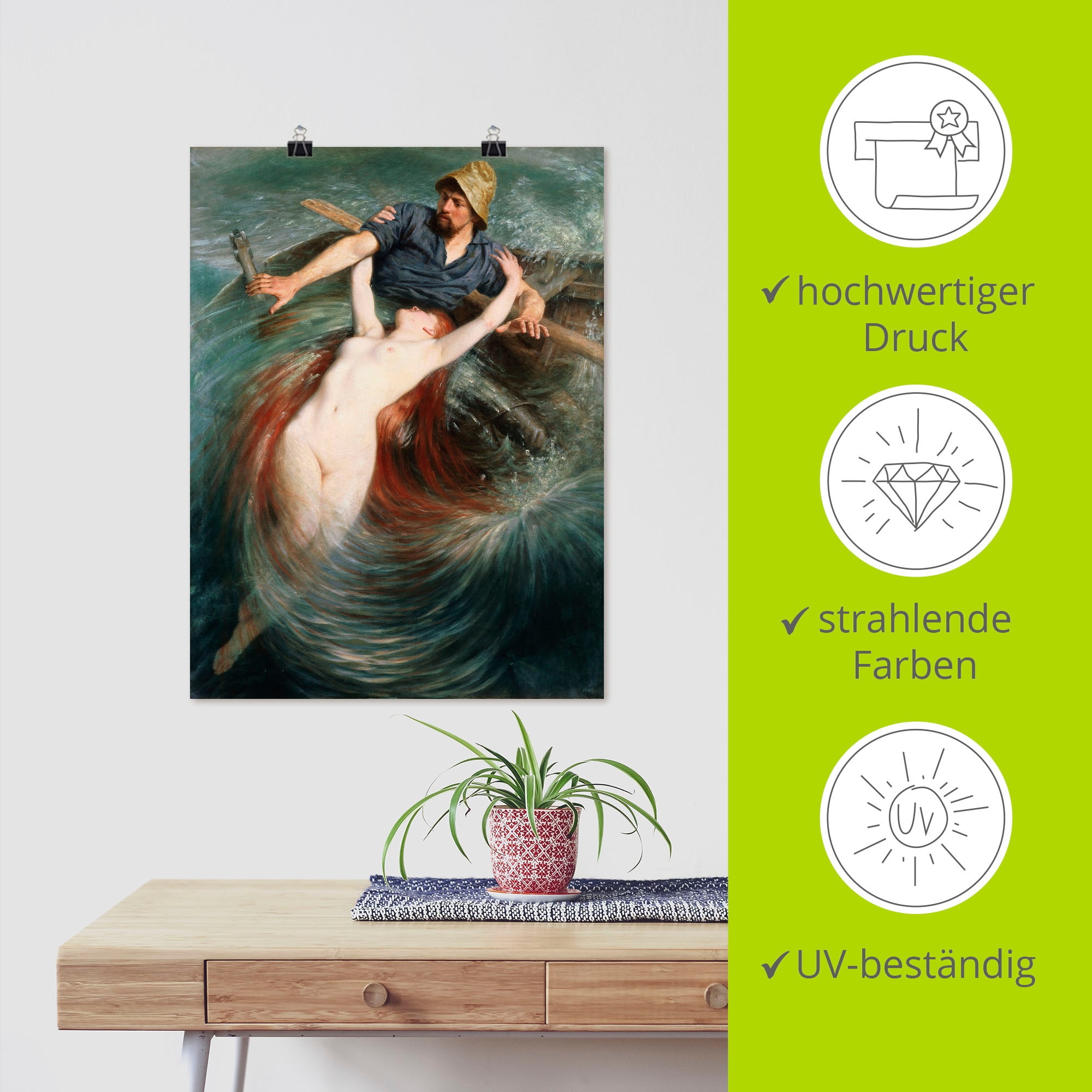 Artland Wandbild »Ein Fischer in den Fängen einer Sirene.«, klassische Fantasie, (1 St.), als Leinwandbild, Poster in verschied. Größen