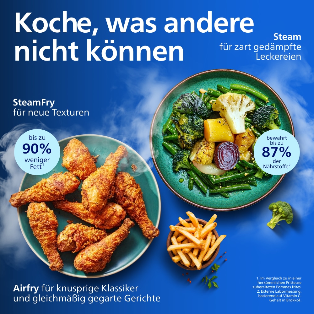 Philips Heißluftfritteuse »NA547/07 Steam Airfryer 5000 Series mit EasySlide, 7,2L Kapazität« 2000 W mit Dampfgarfunktion u. RapidAir Plus Technologie; Schwarz/Gold