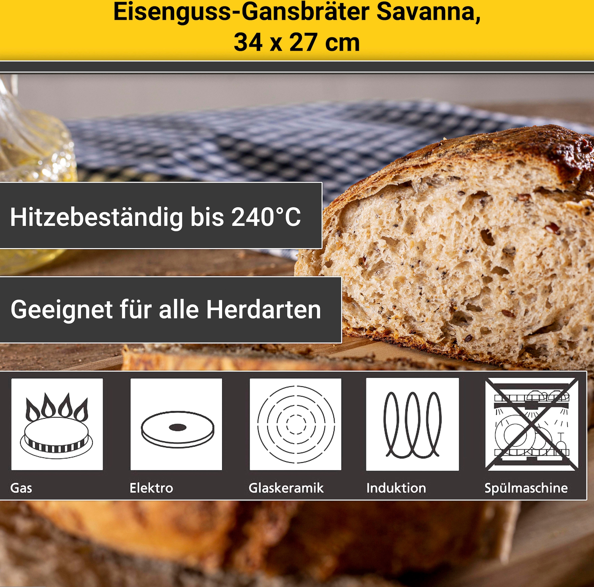 Krüger Bräter »Eisenguss Gansbräter mit Deckel SAVANNA, 34 x 27 x 12,5 cm«, Gusseisen, (1 tlg.), für Induktions-Kochfelder geeignet