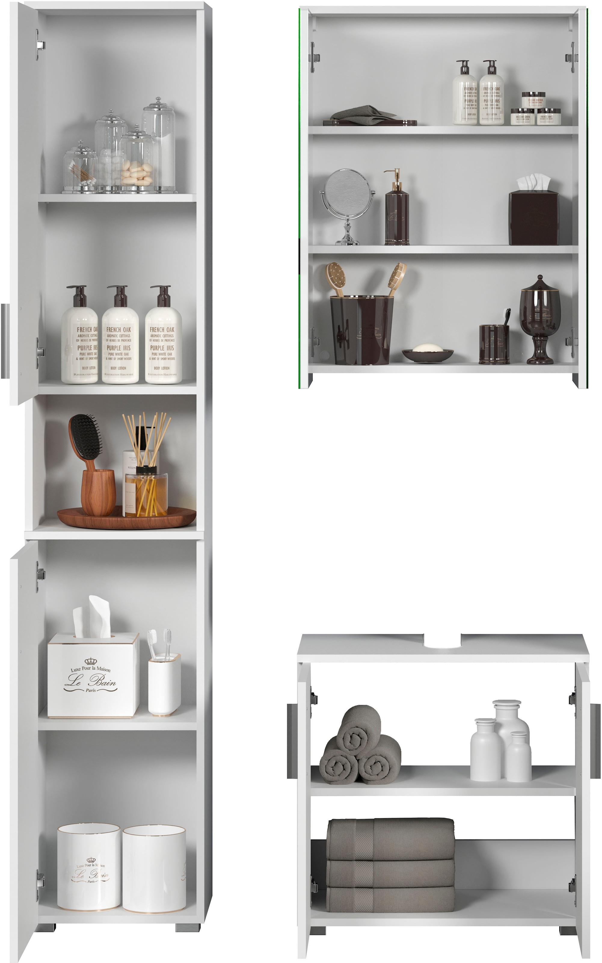 welltime Badezimmer-Set »Prag«, (Set, 3 St.), Hochschrank, Waschtisch und Spiegelschrank mit vertikalen Fräsungen