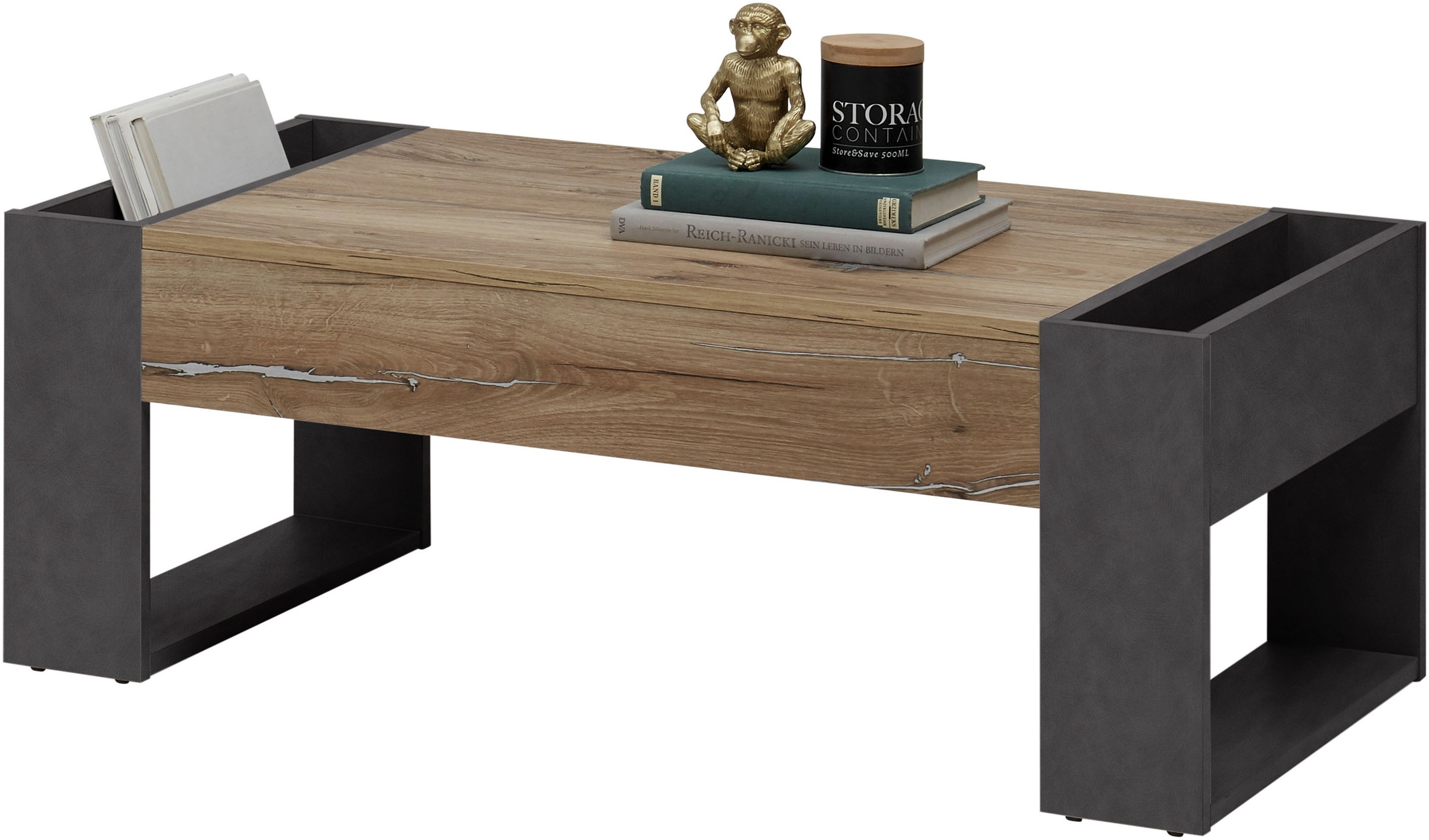 Stolkom Couchtisch »Lilo Wohnzimmertisch mit Ablagefächer, BxHxT 110x41x60 cm«, 2 Ablagefächer, Industrial Style, Flagstaff Oak