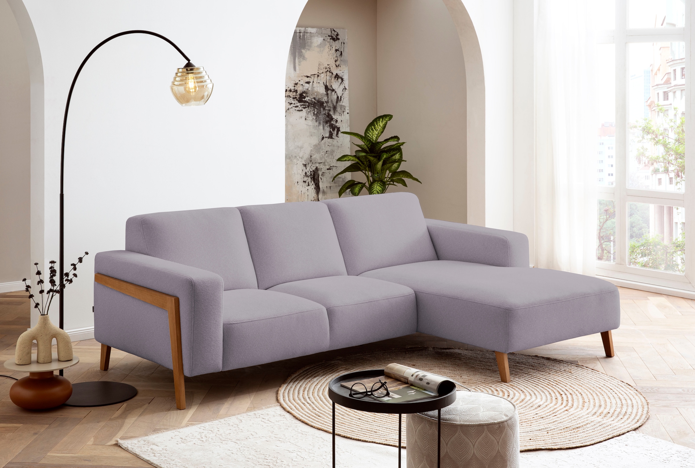 exxpo - sofa fashion Ecksofa »Starr Scandic Design, tolle Verarbeitung, bequem, Sichtholz am Armteil«, L-Form, wahlw. elektrische Sitztiefenverstellung, Massivholzfüße