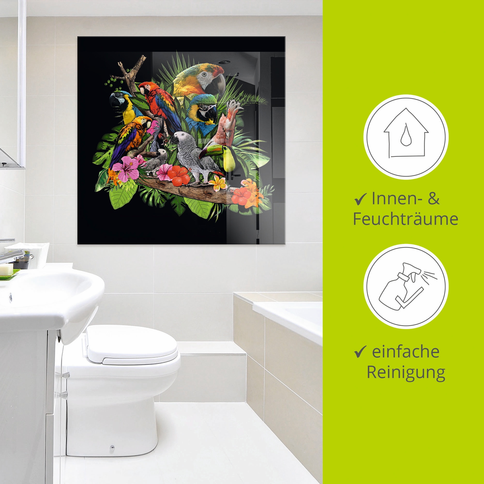 Artland Glasbild »Papageien Graupapagei Kakadu Dschungel«, Vögel, (1 St.), in verschiedenen Größen