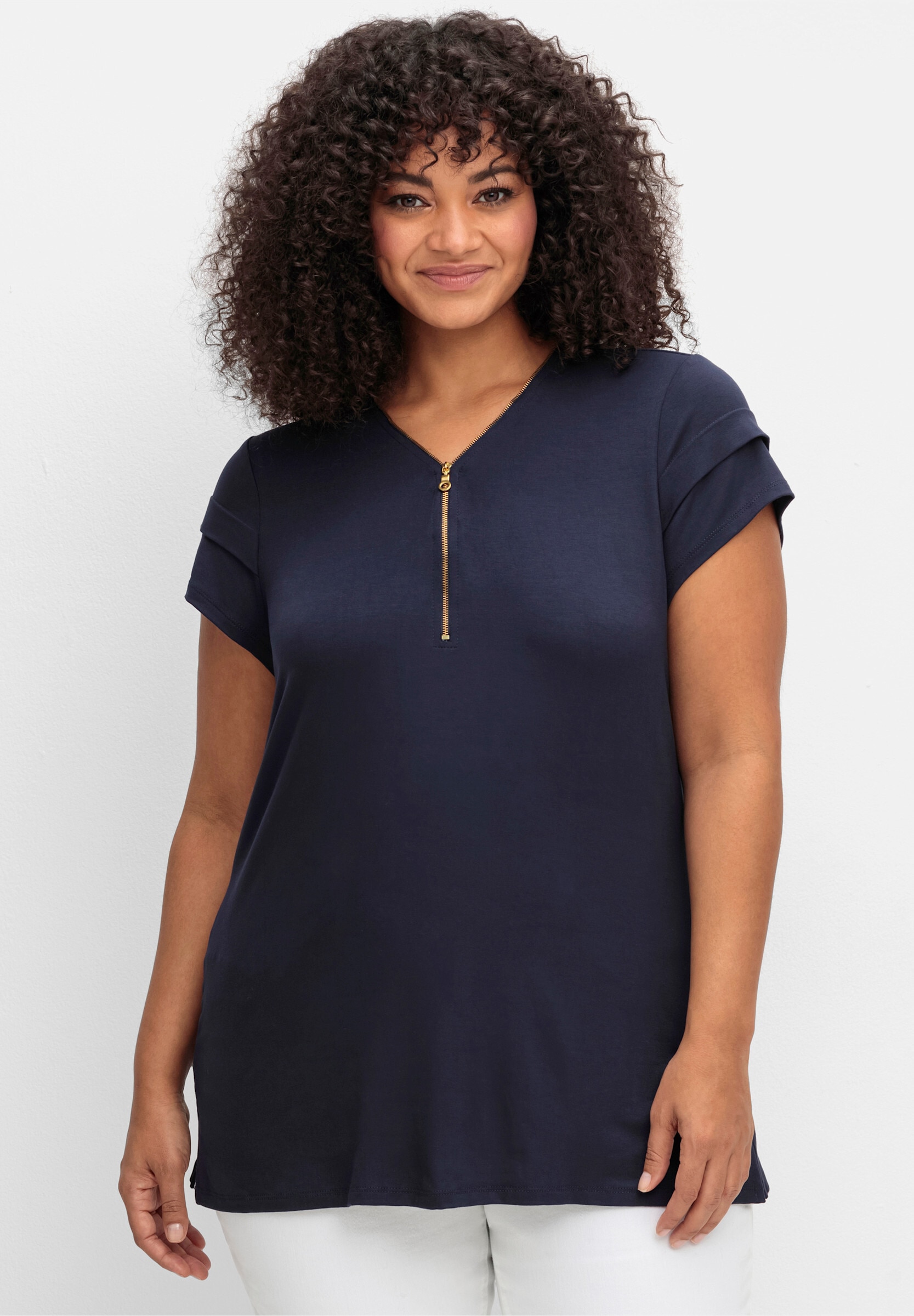 sheego by Joe Browns T-Shirt »Shirt Kurzarmshirt mit goldfarbenem Zipper«