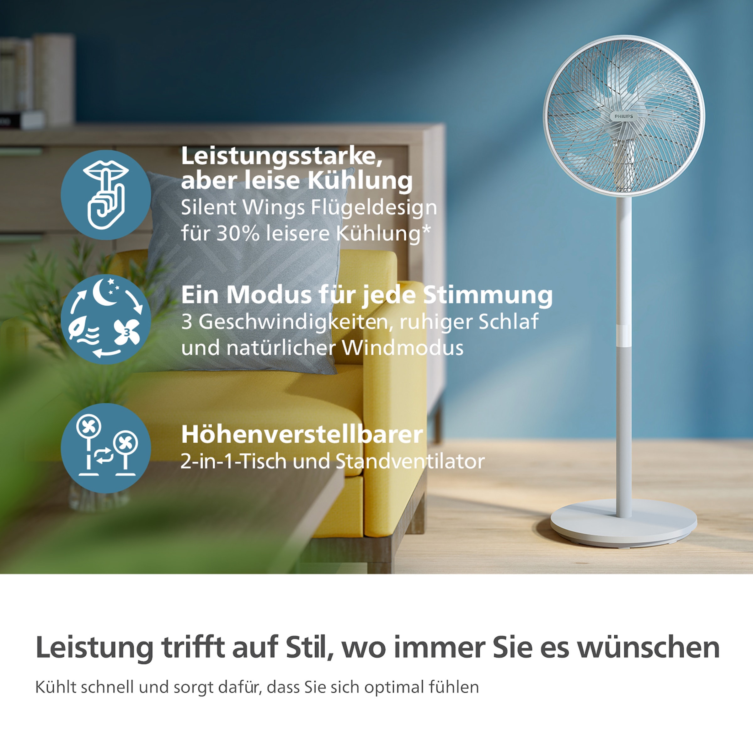 Philips Standventilator »CX2550/00 Serie 2000, mit extrem leiser SilentWings-Technologie, 19 dB«, 2-in-1-Tisch- & Standventilator, neig- & drehbar, elegantes Design