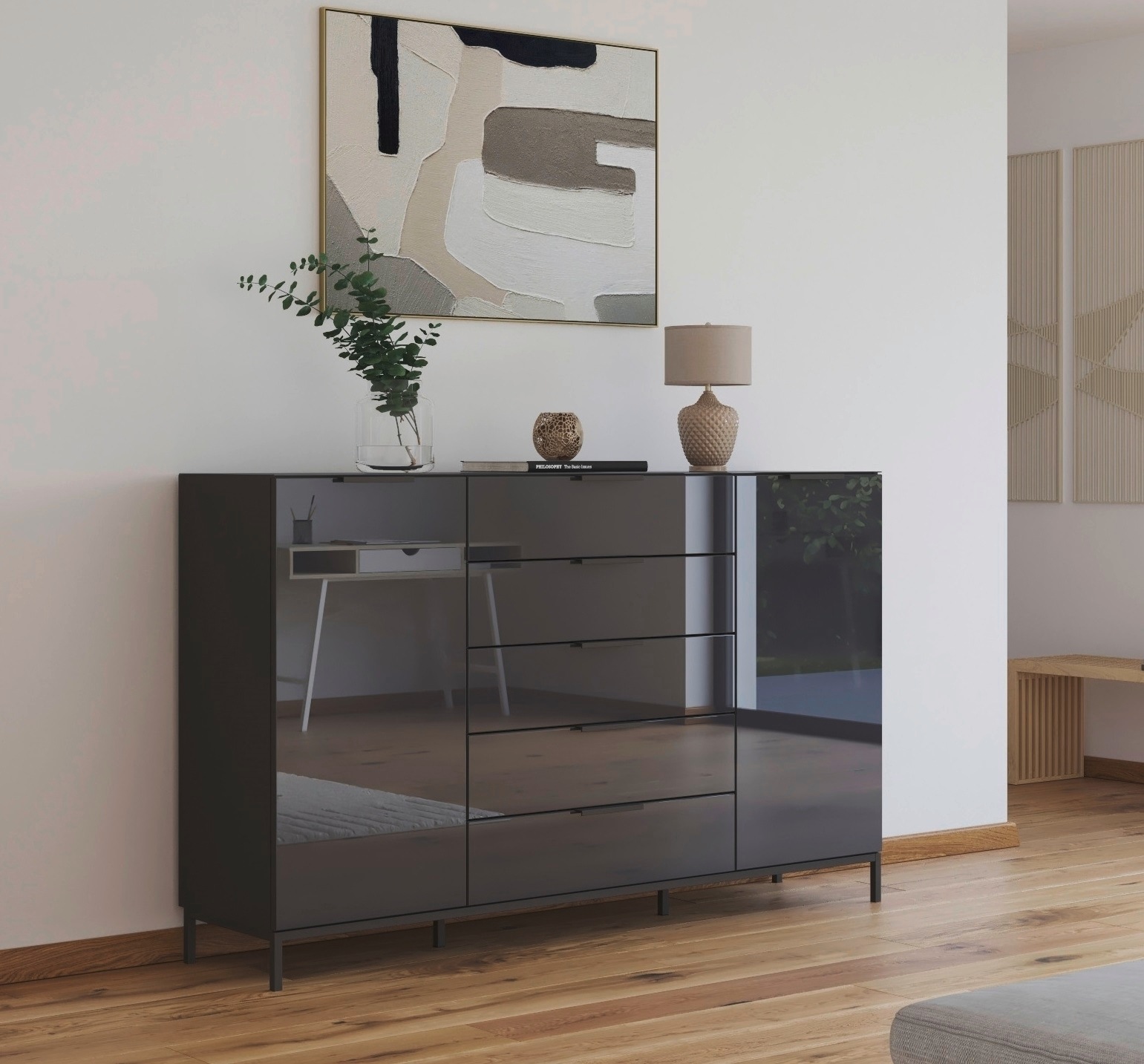 rauch Schubkastenkommode »Kommode Türkommode Sideboard Kombikommode FLIPP mit Glasfront« Breite 160/180 cm mit 4 Einlegeböden,  2-türig, 5 Schubladen, Soft-Close, Oberboden und Front Glas, 2 Breiten
