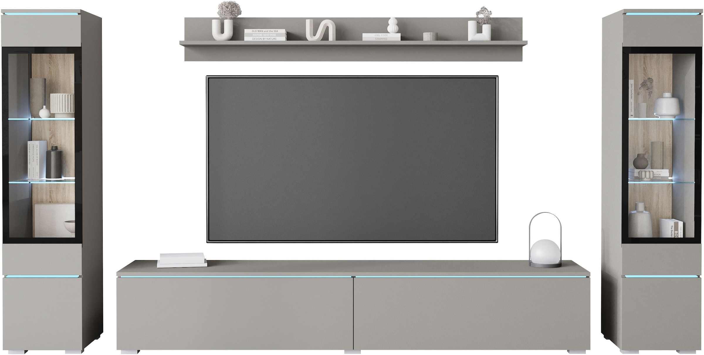 INOSIGN Wohnwand »VERA II, Vitrinen Türanschlag wechselbar«, (Komplett-Set, 4 St.), Vitrine mit Verglasung, stehend und hängend, inklusive Beleuchtung