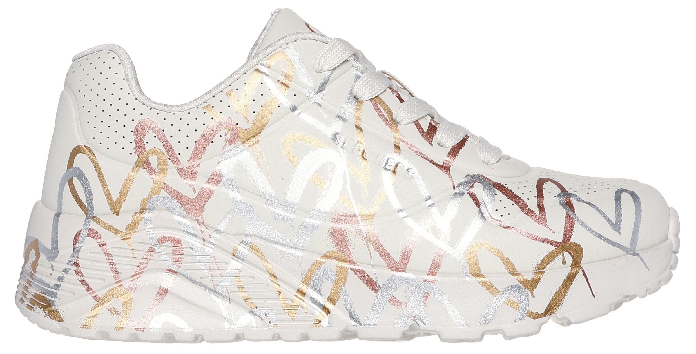 Skechers Plateausneaker »Skechers x JGoldcrown: Uno Lite - Metallic Love«  , Schnürschuh, Keilsneaker mit Herzchen im Metallic Look bedruckt