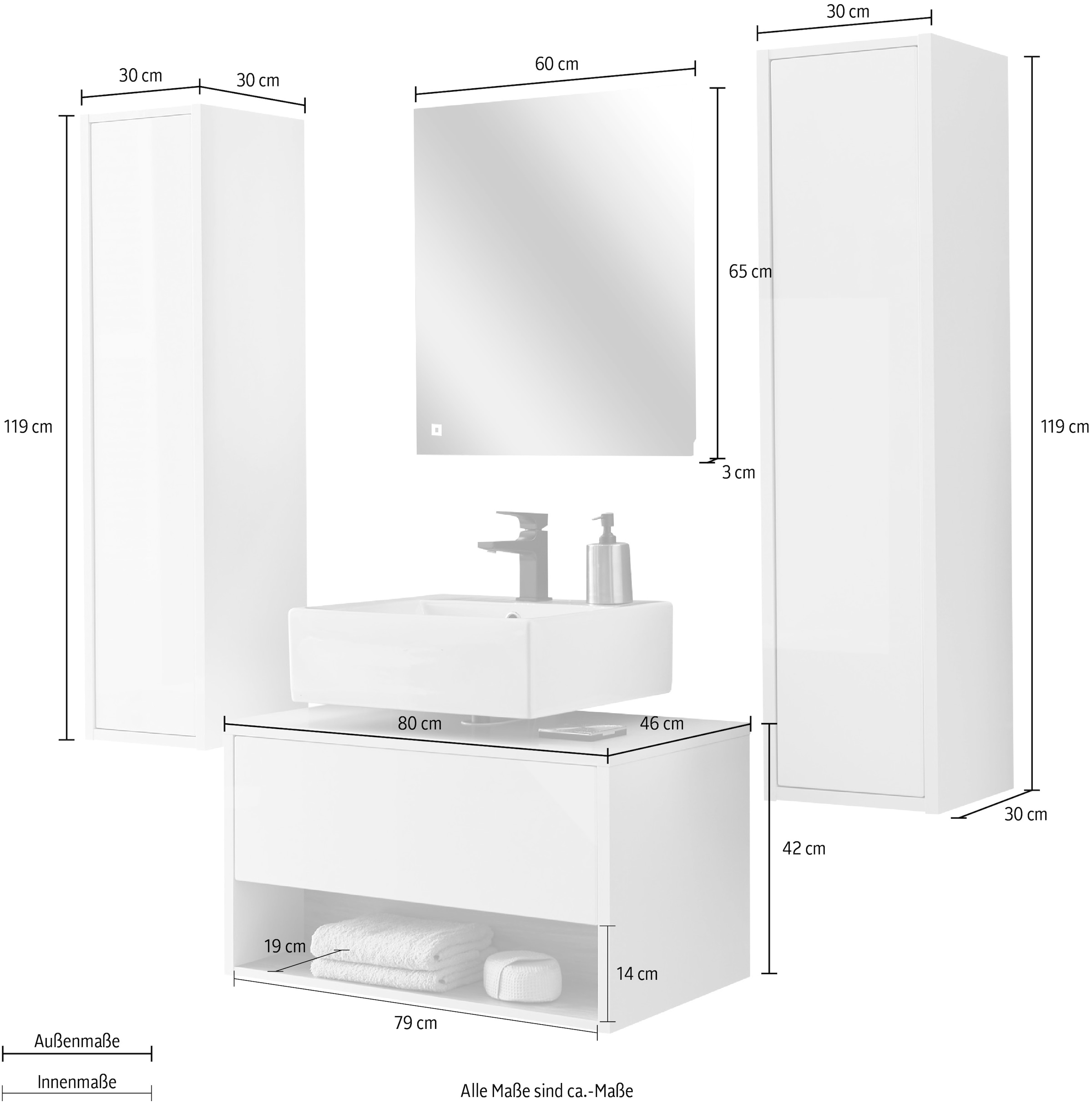 Places of Style Badmöbel-Set »Studio Line, Bad im modernen Design, 4-teiliges Badezimmer«, (4 St.), Schrank, Unterschrank und Spiegel, in zwei Farben verfügbar, Stauraum