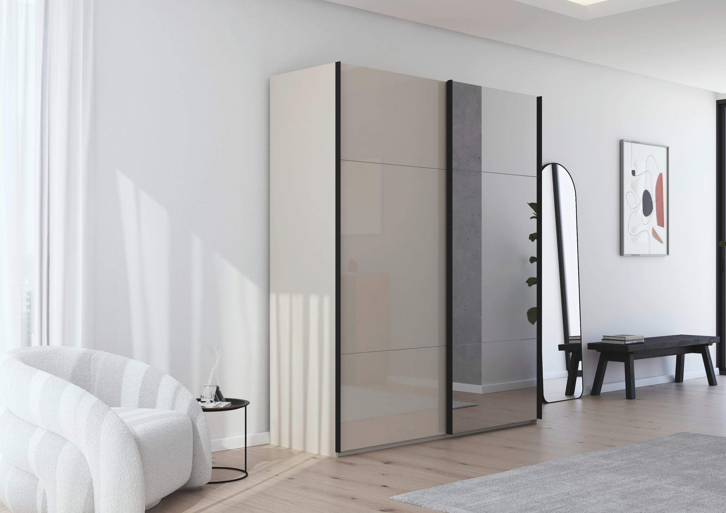 rauch Schwebetürenschrank »Kleiderschrank Schrank Garderobe Schlafzimmerschrank CONTIDO«, (in 3 verschiedenen Ausstattungen BASIC/CLASSIC/PREMIUM), aus hochwertigem Material in 6 Breiten 2 Griff-Farben MADE IN GERMANY
