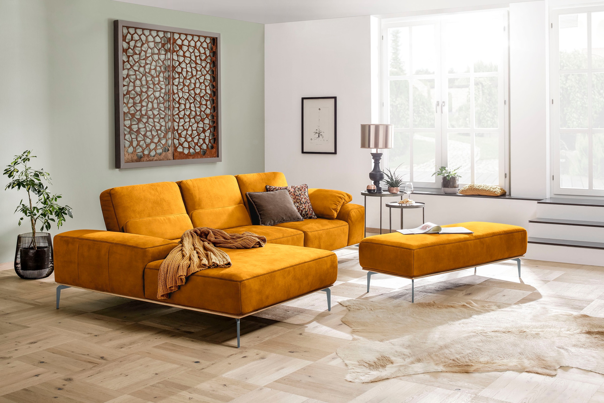 W.SCHILLIG Polsterhocker »run« mit elegantem Holzsockel, Füße in Silber matt, Breite 150 cm