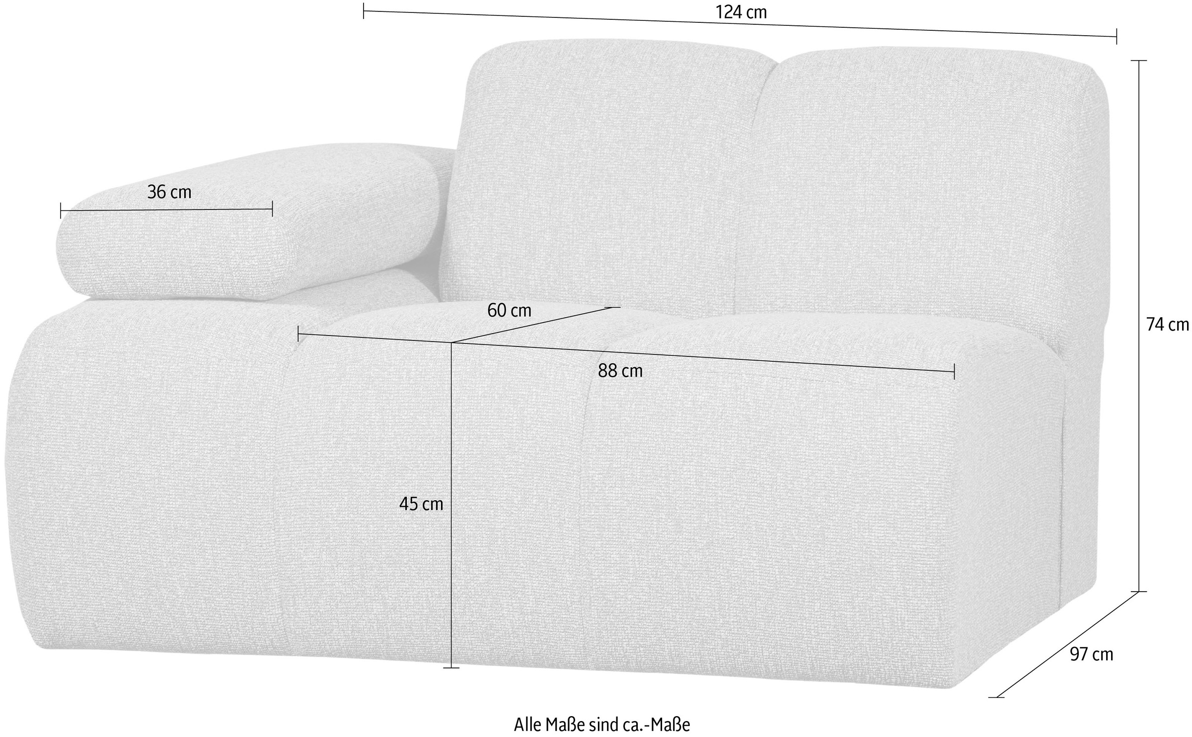 WOOOD Sofaelement »Mojo Bouclé-Bezug mit verstellbarer Armlehne B 124 x D 97 x H 74 cm« Maximale Verschleißfestigkeit, Tragkraft 120 kg, montiert geliefert