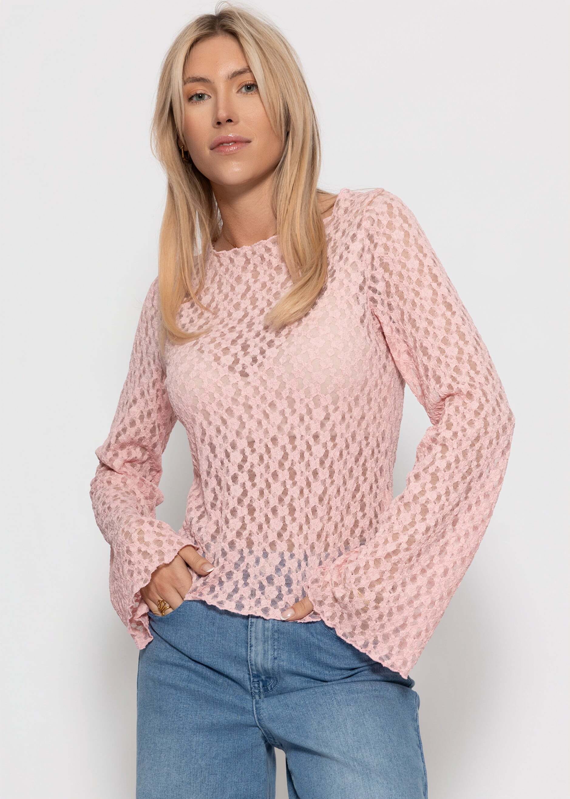 SASSYCLASSY Langarmshirt »Langarm Spitzenshirt mit weiten Ärmeln« Elegantes Langarmshirt mit floralem Muster in leichter Transparenz