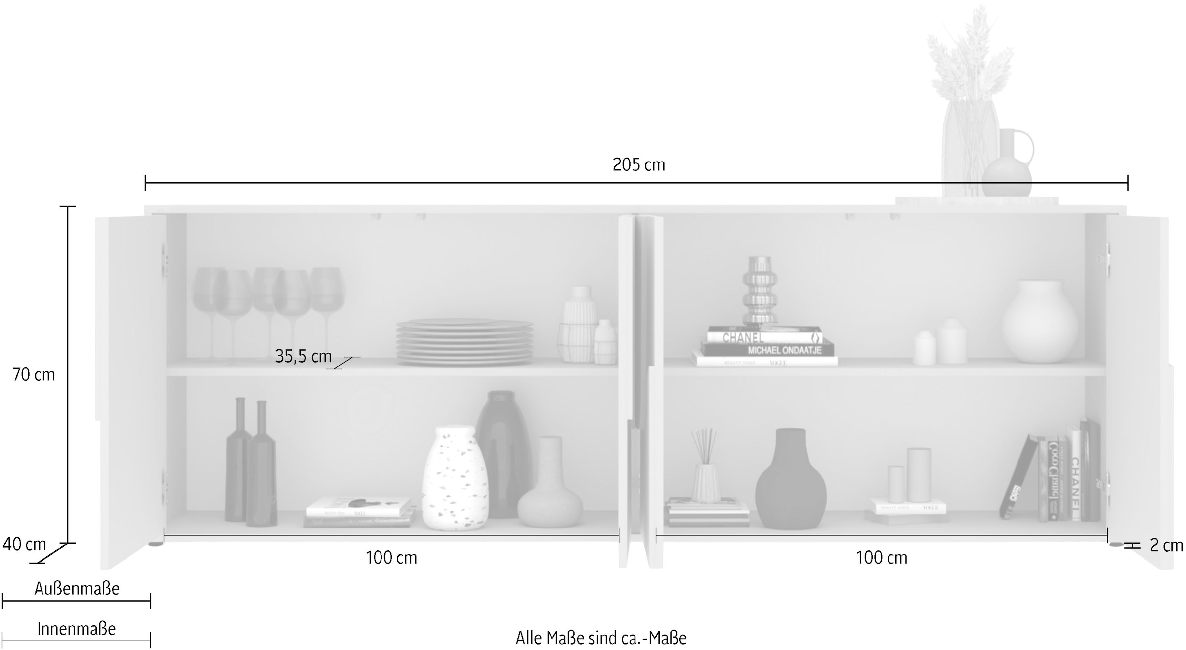 INOSIGN Sideboard »Stone, 205 cm breit, 4  Türen,  Anrichte, Kommode, Stauraumschrank« 3D-Design, Push-to-open, Innenraum großzügig, Füße 14/2 cm wählbar