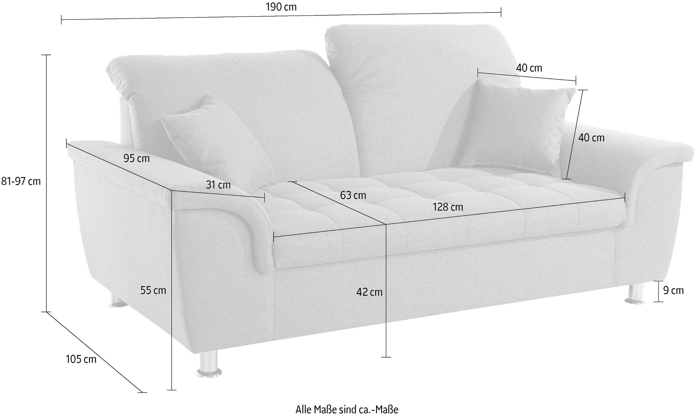 DOMO collection 2-Sitzer »Franzi, zeitlos & elegant, moderne Sitzheftung«, wahlweise mit Kopfteilverstellung, inklusive Zierkissen