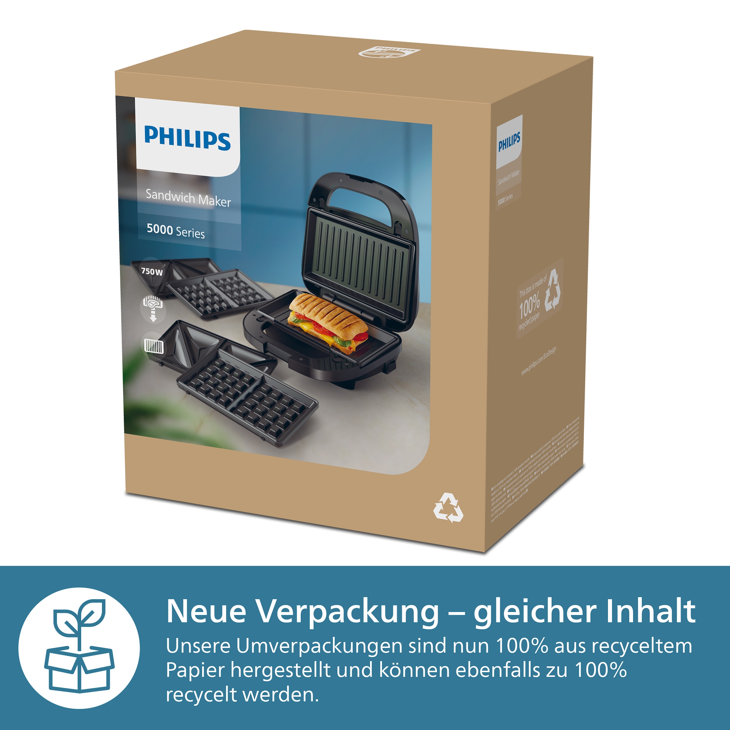 Philips Sandwichmaker »5000 Series HD2350/80, mit 3 austauschbaren Plattensätzen«, 750 W, gleichmäßiges Aufheizen, kompakte Aufbewahrung; Schwarz / Silber