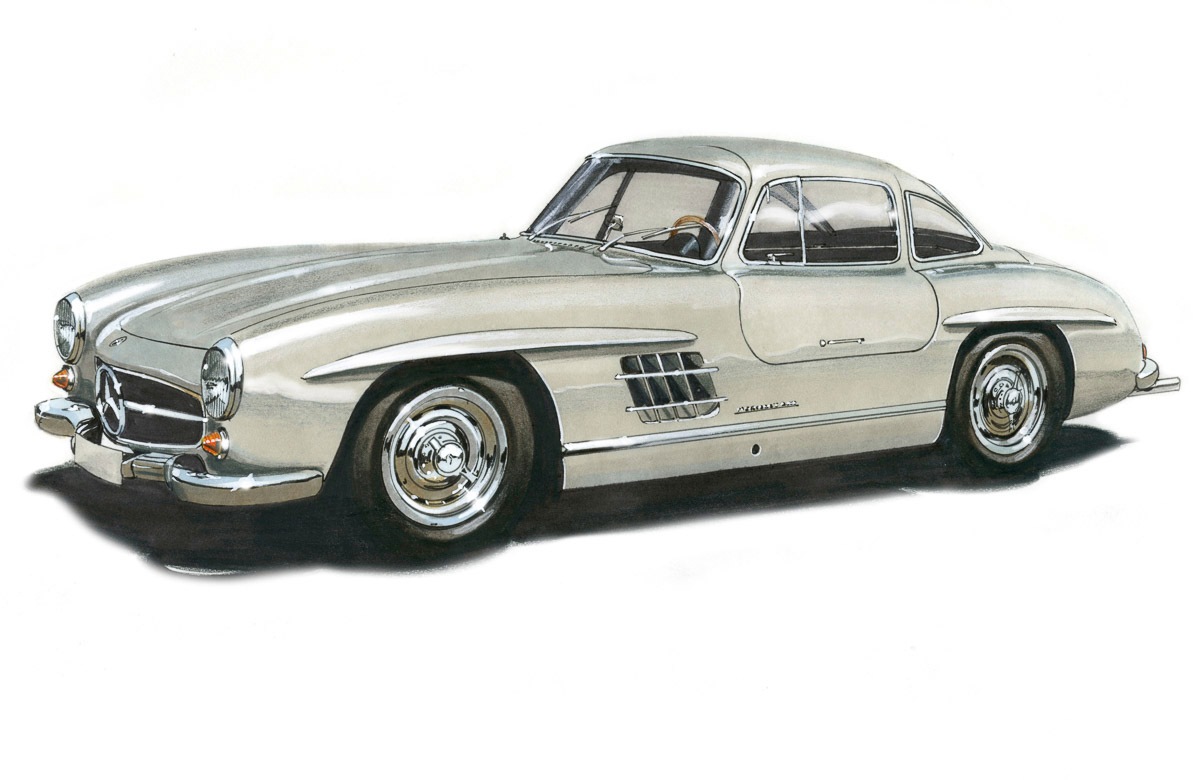 Papermoon Fototapete »MB300SL GULLWING 1954 -VINTAGE AUTO ILLUSTRATION RETRO«