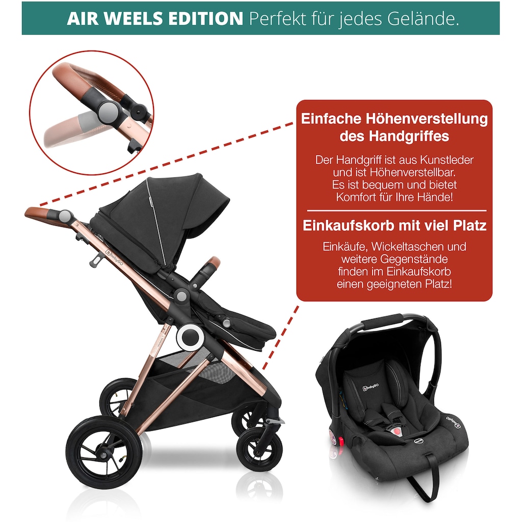 BabyGo Kombi-Kinderwagen »Halime AIR 3in1, Anthracite Gold«, mit Luftreifen, inkl. Babywanne, Babyschale, Regenhaube & Wickeltasche