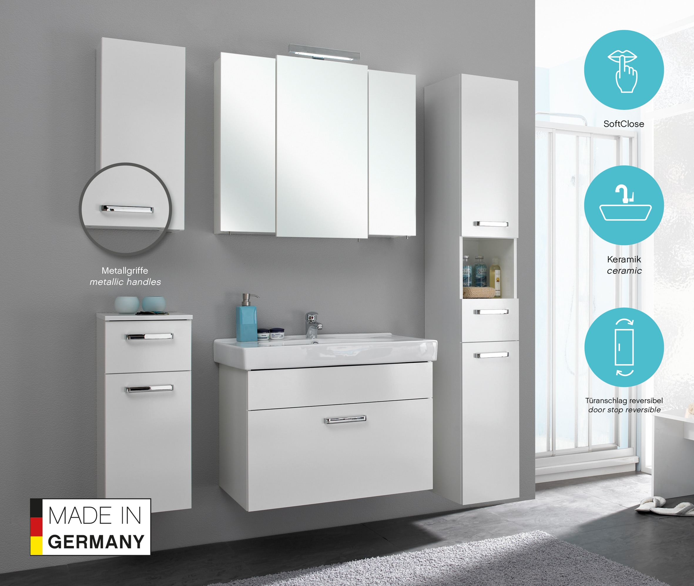 Saphir Unterschrank »Quickset Badschrank mit 1 Tür, 1 Schublade, 30 cm breit« Badezimmer-Unterschrank inkl. Türdämpfer, Griffe in Chrom Glanz