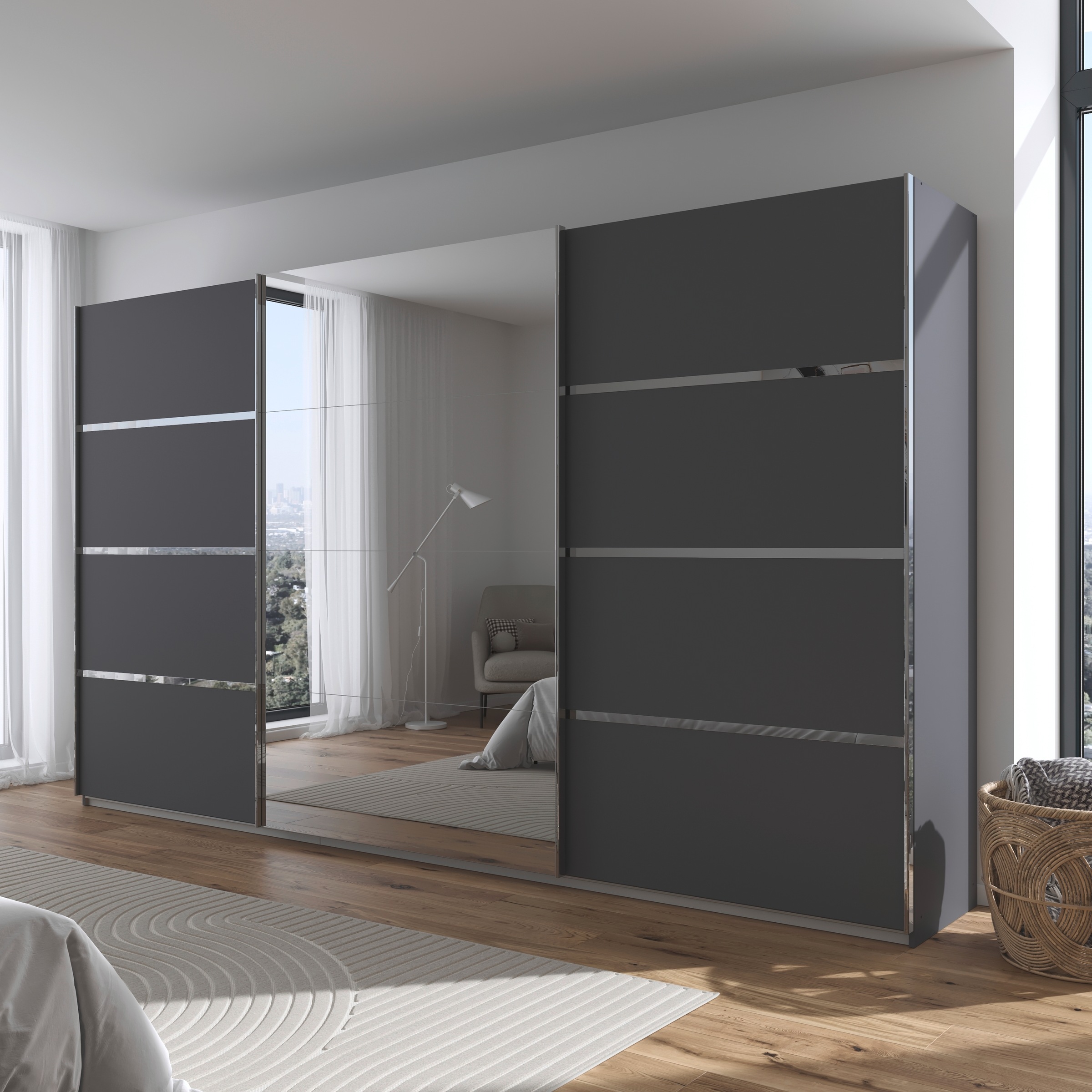 rauch Kleiderschrank »Schwebetürenschrank Garderobe Schrank TOP ANGEBOT Avola«, (in 3 verschiedenen Ausstattungen BASIC/CLASSIC/PREMIUM inkl. Spiegel), mit eleganten Zierleisten in Chrom, Schwarz oder Weiß MADE IN GERMANY