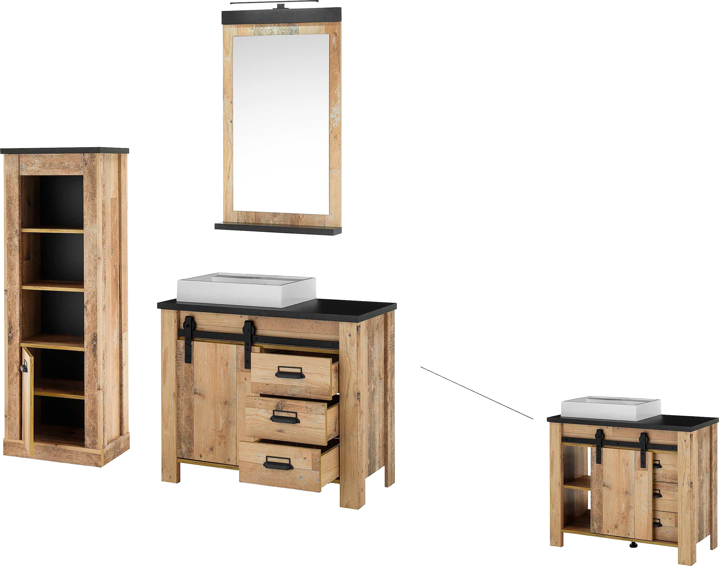 Home affaire Badmöbel-Set »SHERWOOD, Bad im modernen Design, 3-teiliges Badezimmer«, (3 St.), in 2 Farben verfügbar, Scheunentorbeschlag & Apothekergriff aus Metall