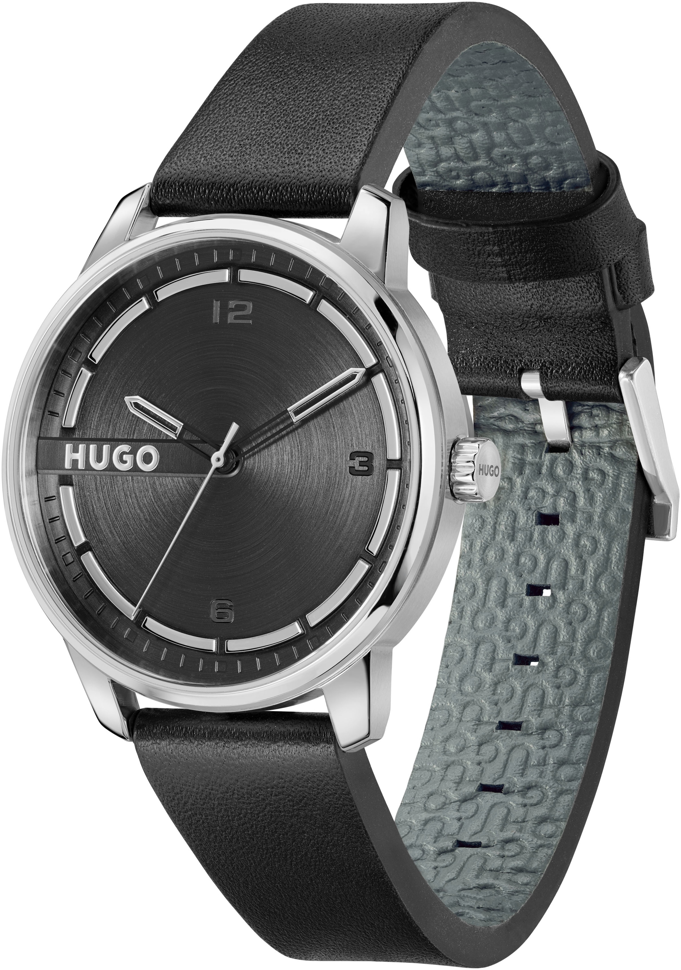 HUGO Quarzuhr »#STAMP« Armbanduhr, Herrenuhr, analog, Lederarmband