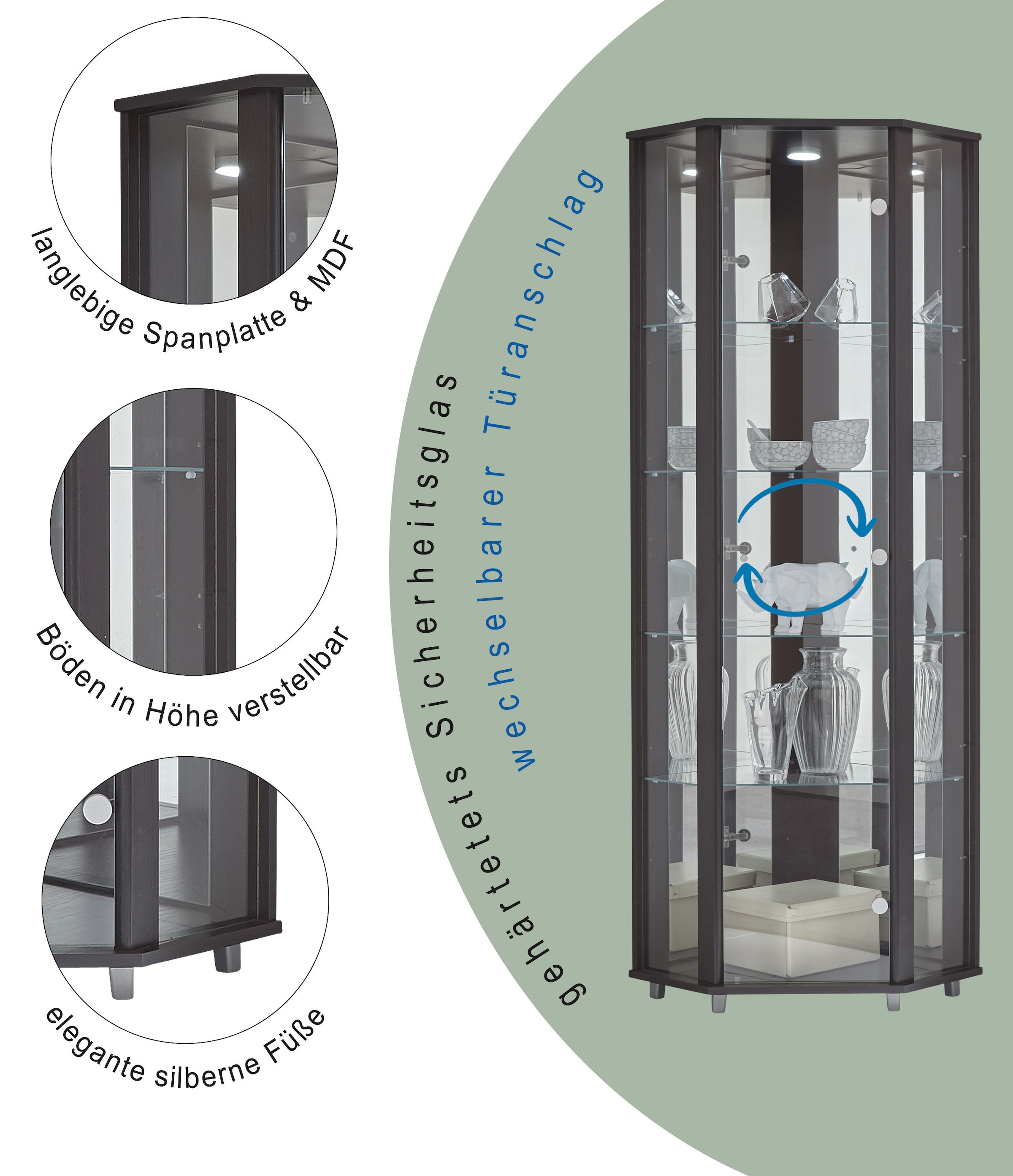 fif möbel Eckvitrine »TRIO Höhe ca. 172 cm, ink. Beleuchtung« Eckvitrine/Glasvitrine 1x Glastür, perfekt für Sammler, Sammlervitrine