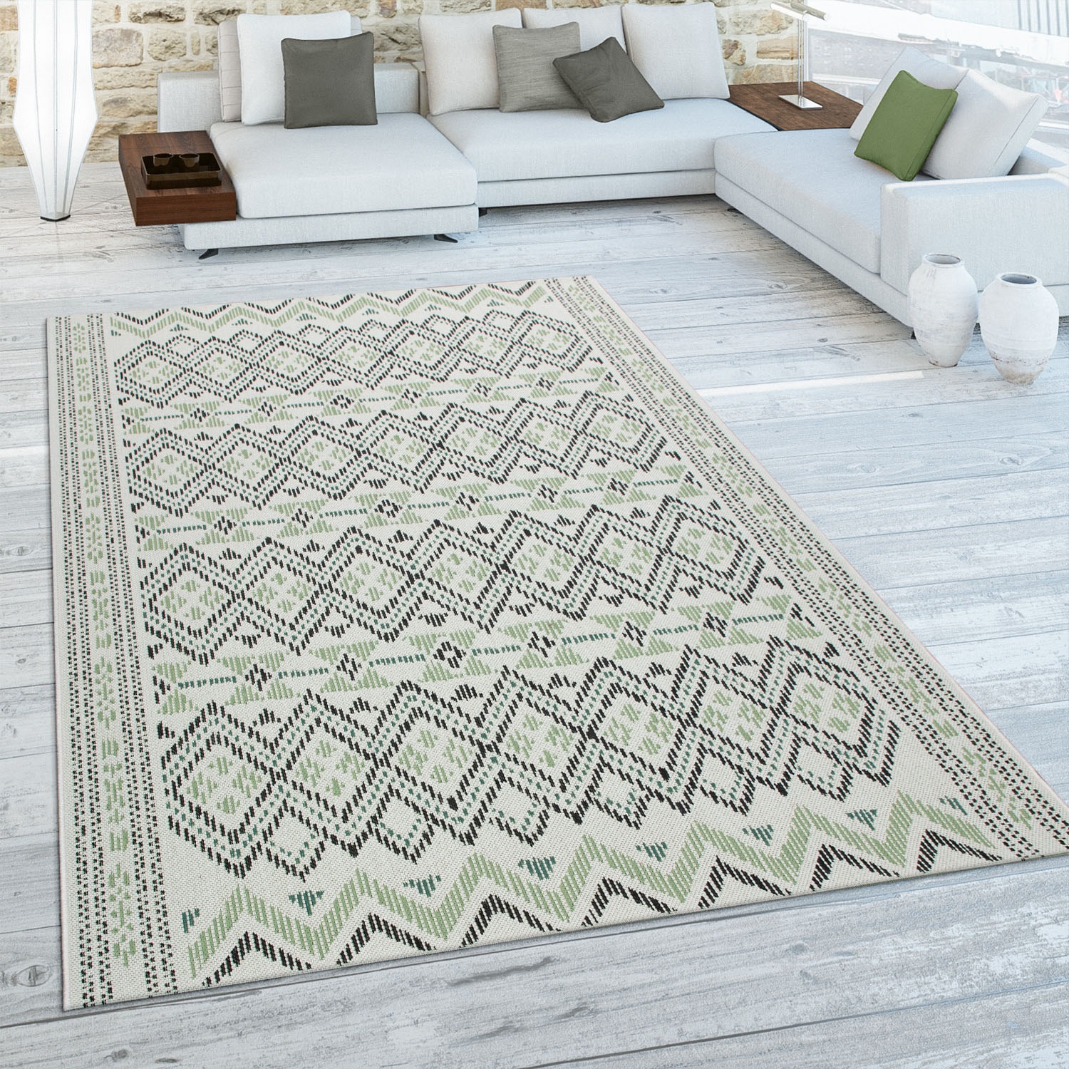 Paco Home Teppich »Ostende 543«, rechteckig, 4 mm Höhe, Flachgewebe, Rauten Motiv, mit Bordüre, In- und Outdoor geeignet