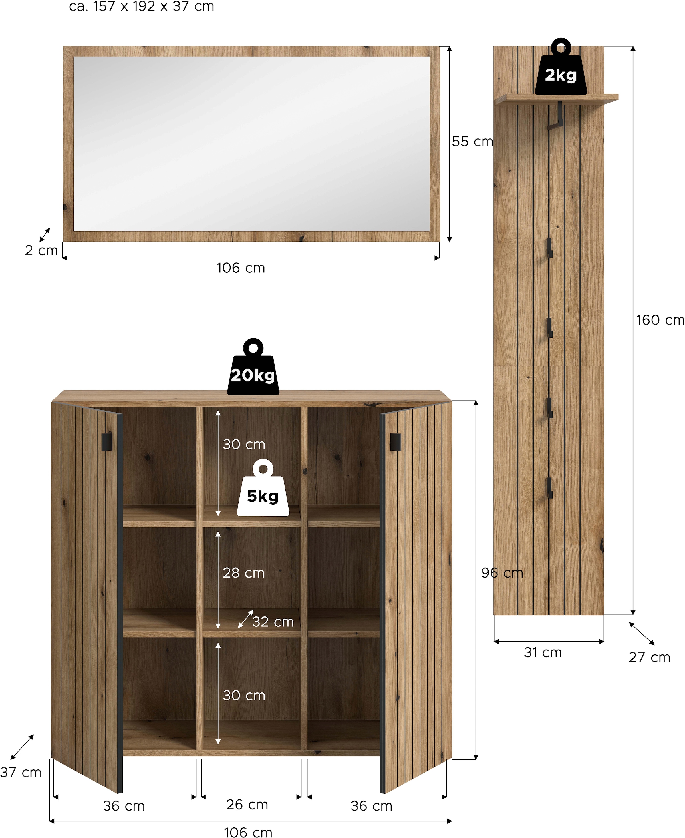 Home affaire Garderoben-Set »TATIO, 3-tlg. Garderobenkombination, Breite:157cm, Rillenfräsung« Set, Set, best. aus: 1 Spiegel, 1 Garderobenpaneel, 1 Schuhkommode, 3 Stk. tlg.