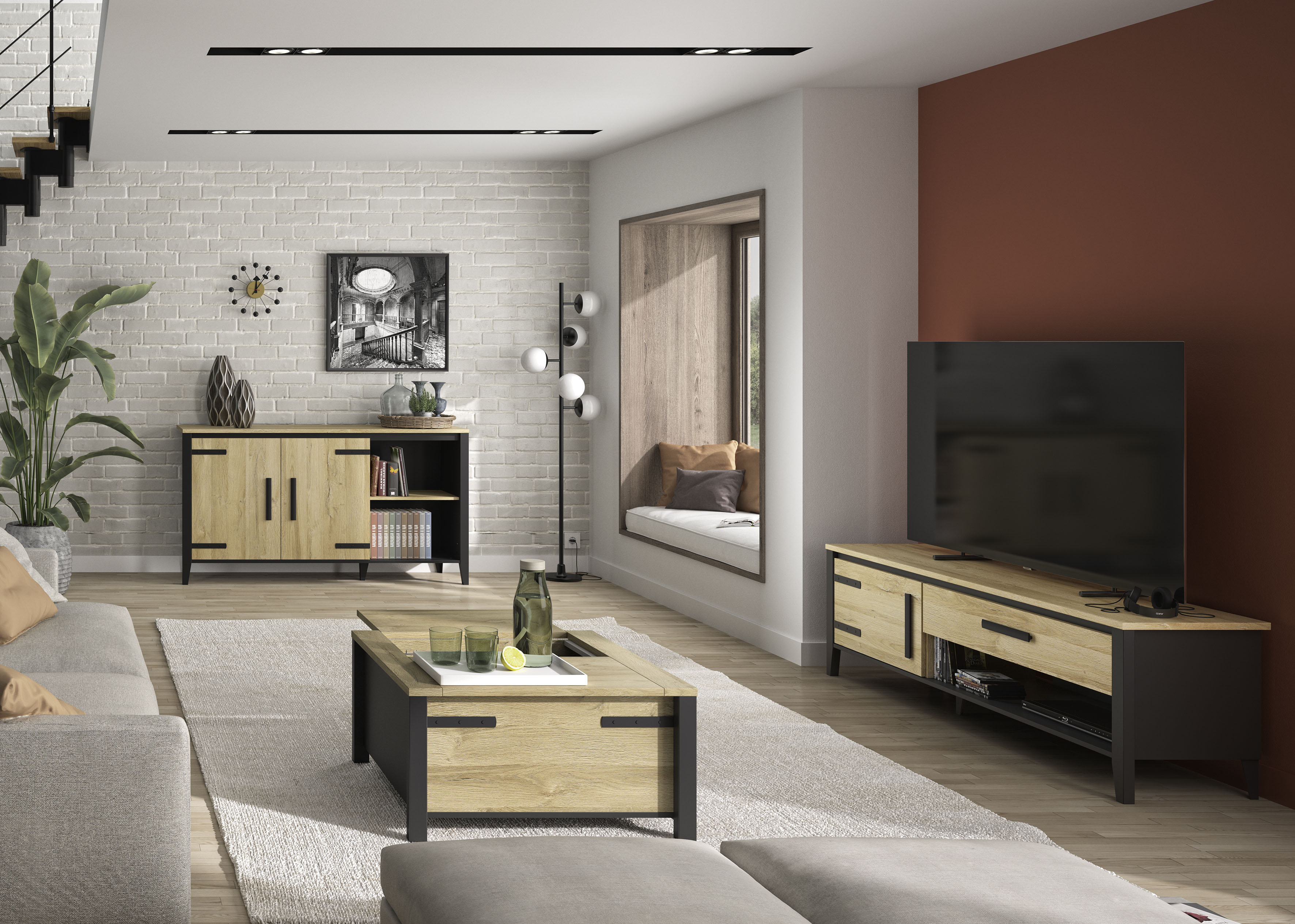 Gami Buffet »Cork« 2 Volltüren und 2 Nischen. 1 große linke Ablage und 1 rechte Ablage in schwarz, Größe B/H/T: 165 cm x 90 cm x 45 cm