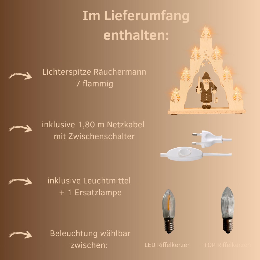 Weigla Schwibbogen »Räuchermann, Lichterspitze aus Holz, NATUR-BRAUN«, Erzgebirge garantiert, Weihnachtsdeko Innen, Weihnachtsbeleuchtung
