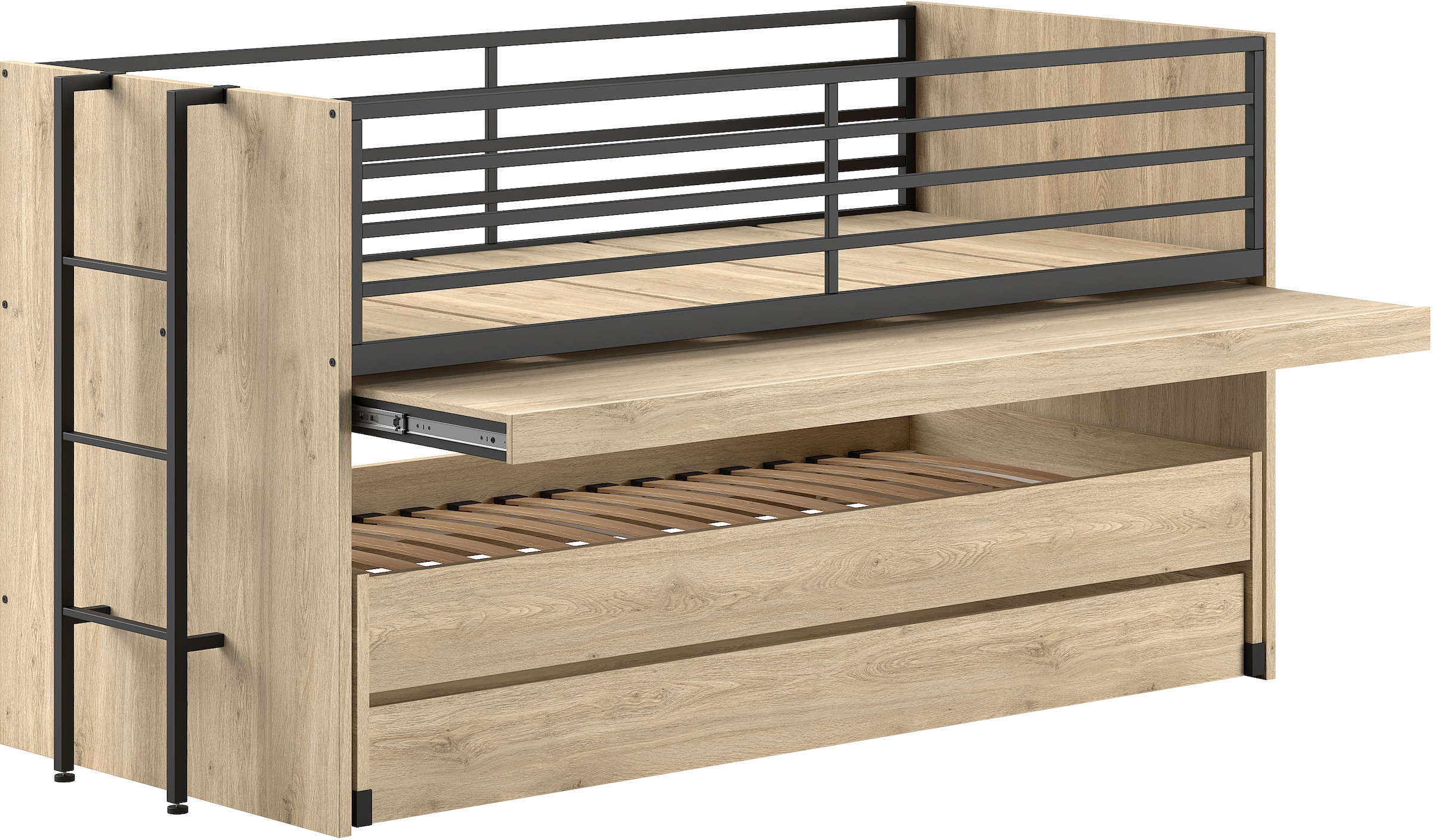 Home affaire Etagenbett »praktisches Etagenbett mit viel Funktion, 2 Dekore zur Wahl«, (B/H/T ca. 219x114x98cm, Metall Leiter und Absturzschutz in schwarz), für kleine Räume, 2 Liegefl., Bettschublade, inkl. Schreibtisch