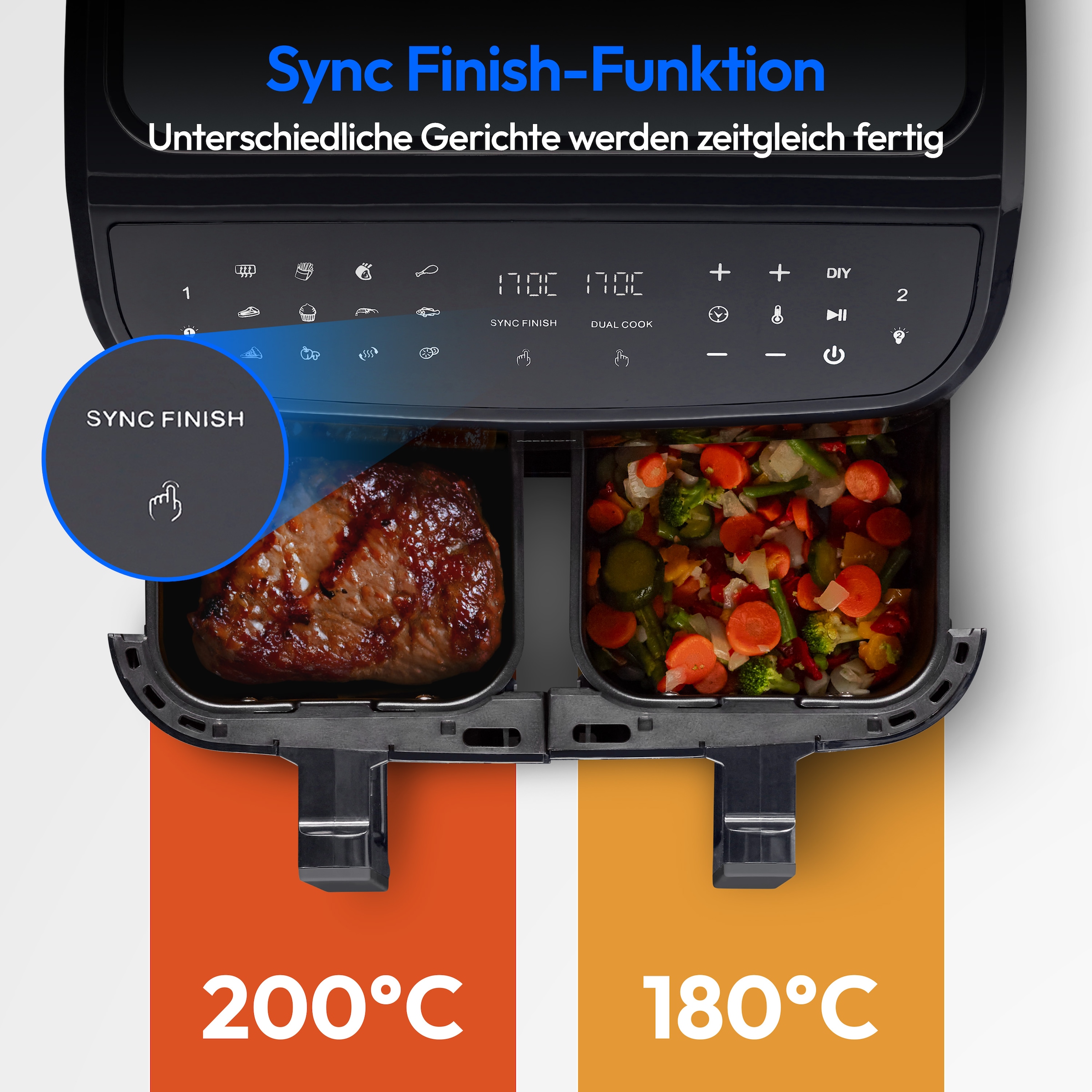 Medion® Heißluftfritteuse »MD 11760 P20XXL Twin«, 2400 W, Temperatur 50 - 200 °C, ILAG Beschichtung, Sync-Finish