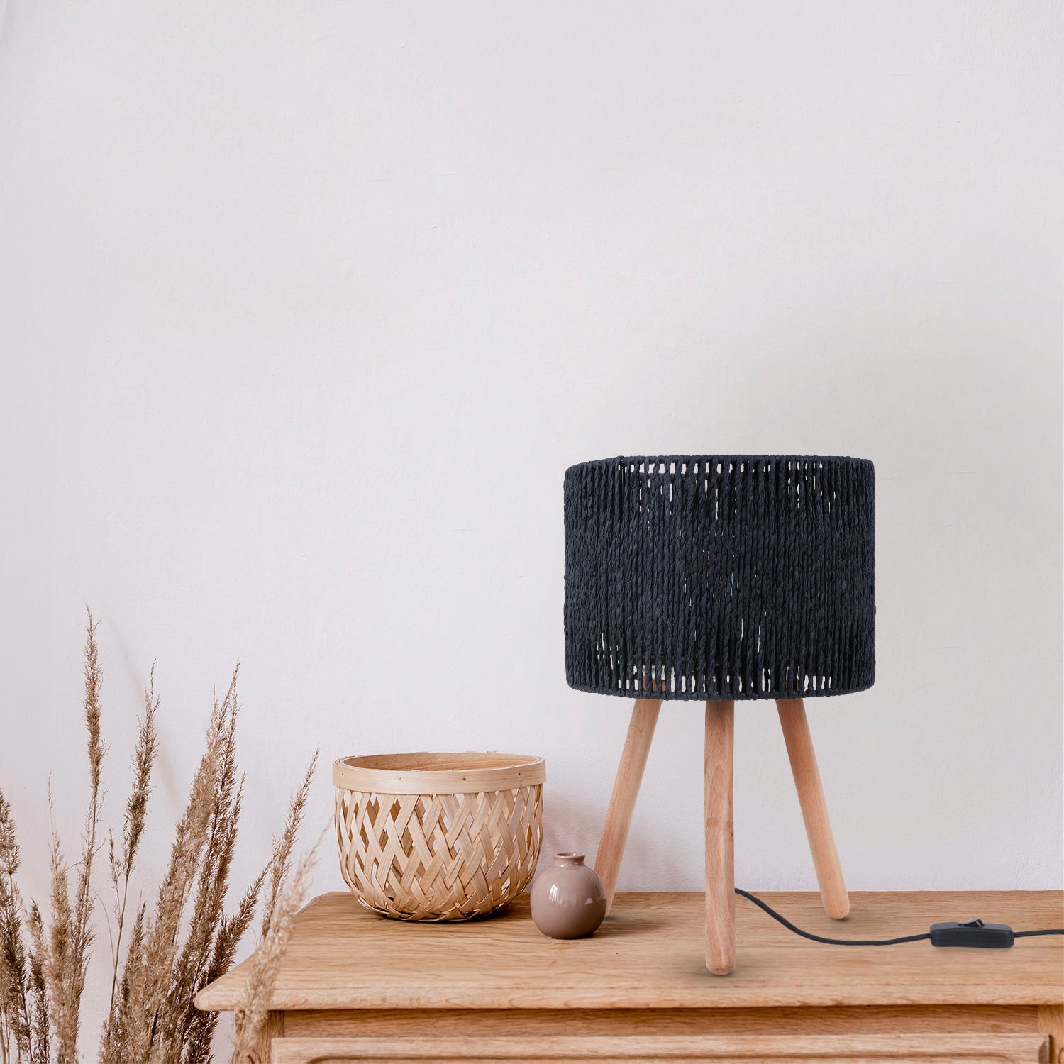Paco Home Tischleuchte »PITA«, Leuchtmittel E27 | ohne Leuchtmittel, Nacht Schreib Lampenschirm Boho Holz Stativ E27