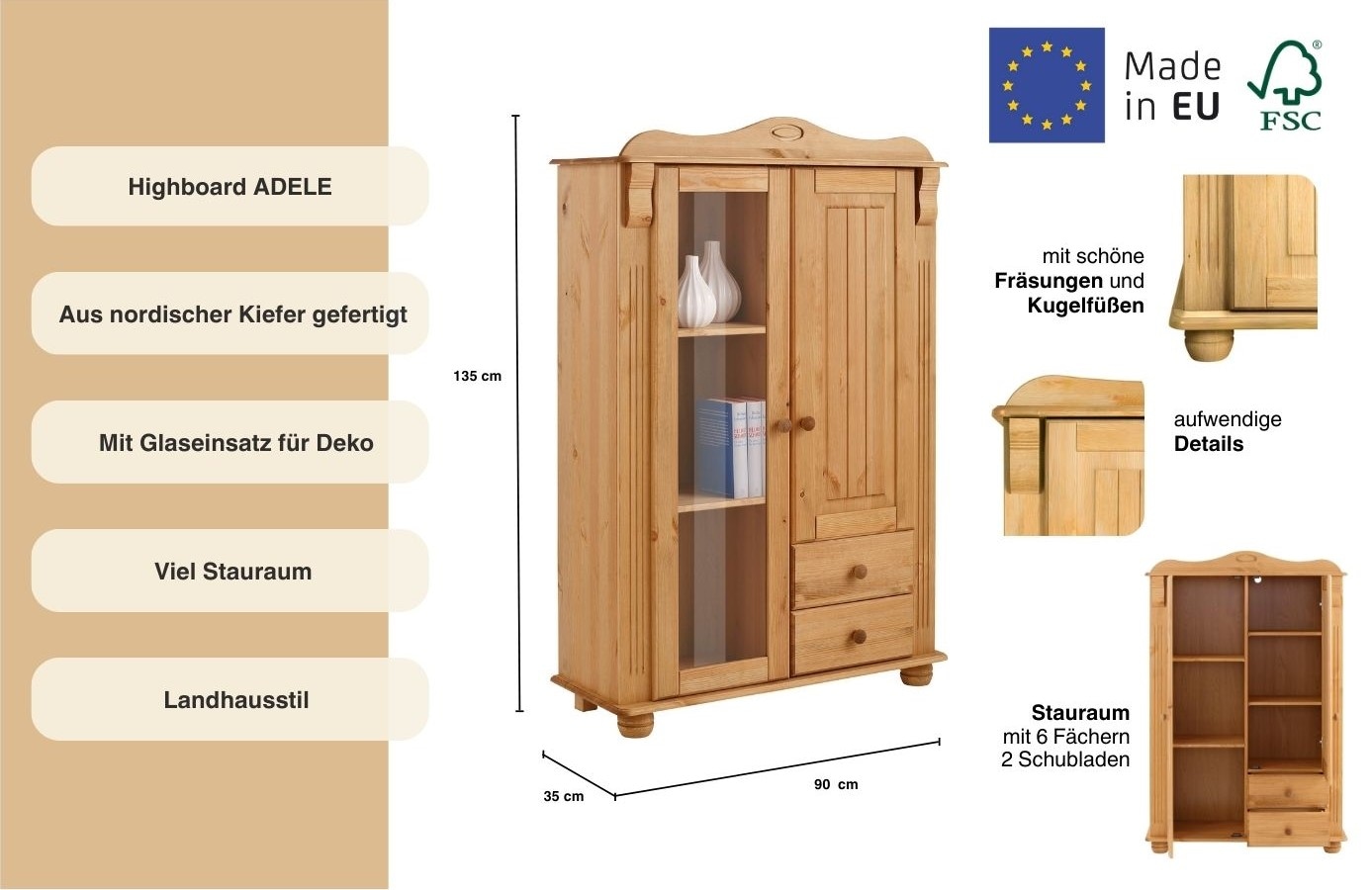 Home affaire Highboard »Adele«, Stauraumschrank, 2-türig, Höhe 135 cm, aus massiver Kiefer, FSC®