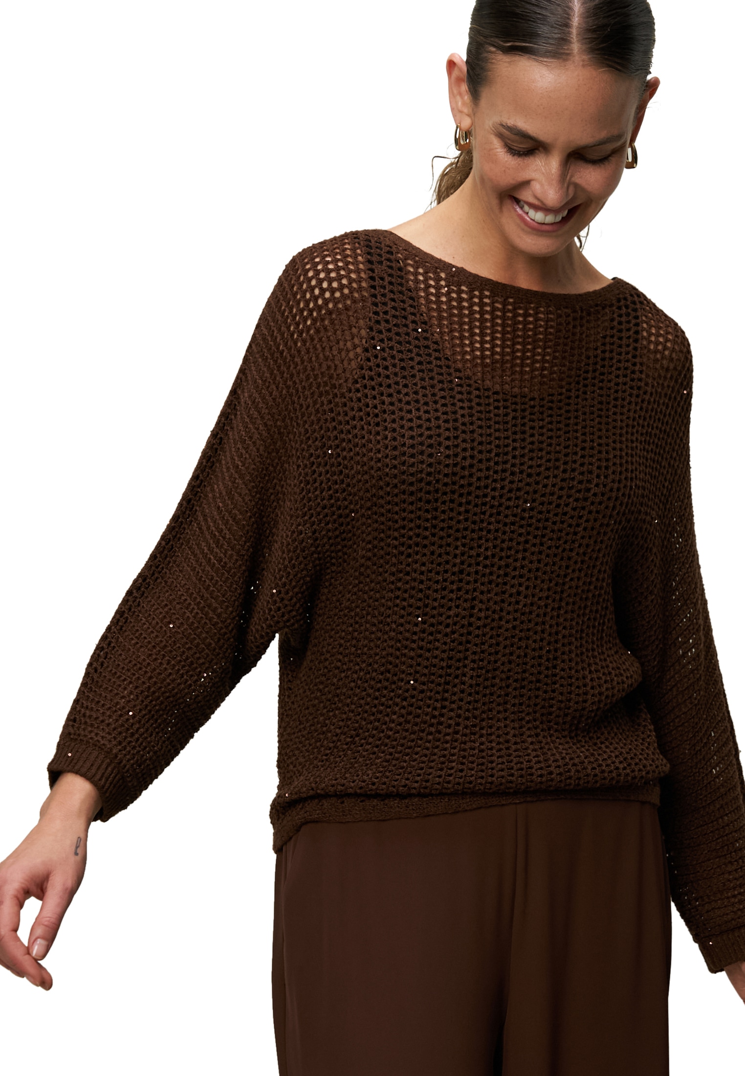 Zero Rundhalspullover »Lochstrick-Pullover mit Glitzersteinen«