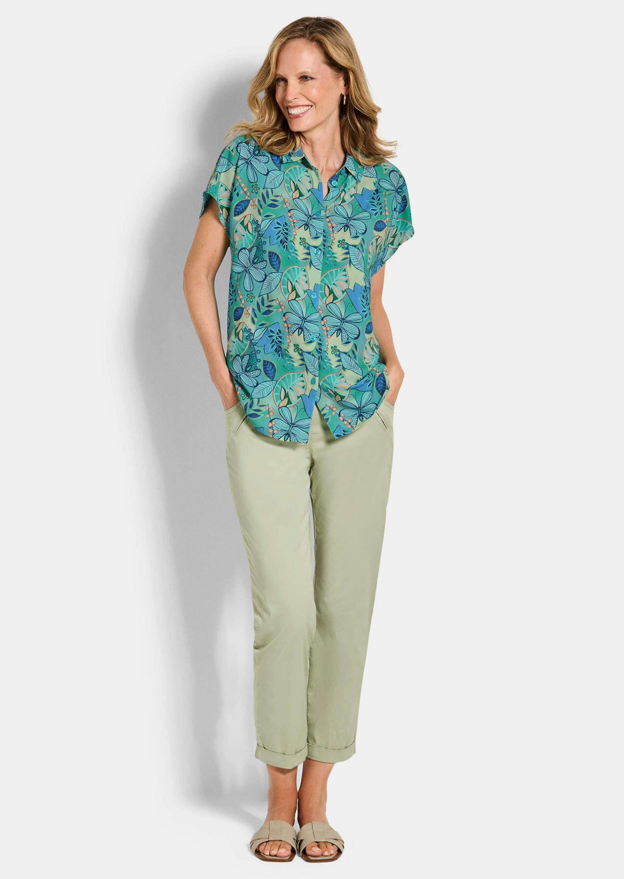 GOLDNER Hemdbluse »Kurzgröße Hemdbluse mit floralem Design« Sattel im Rückenteil