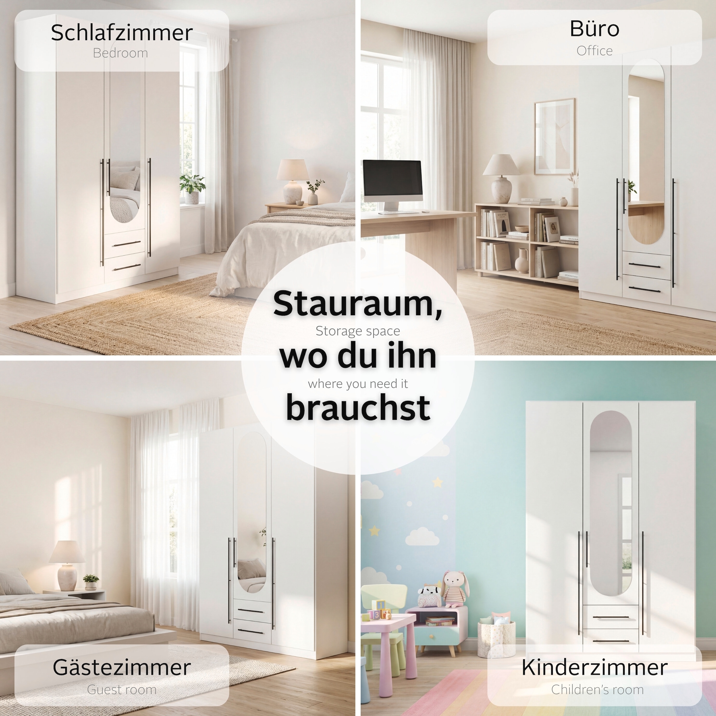 OTTO home Kleiderschrank »Schlafzimmer Schrank Garderobe RONDO Breiten 136/181/226/271 cm« 3 verschiedene Ausstattungen BASIC/CLASSIC/PREMIUM (inkl. SOFT-CLOSE),  elegante ovale Spiegelelemente Metallgriffe in Schwarz MADE IN GERMANY
