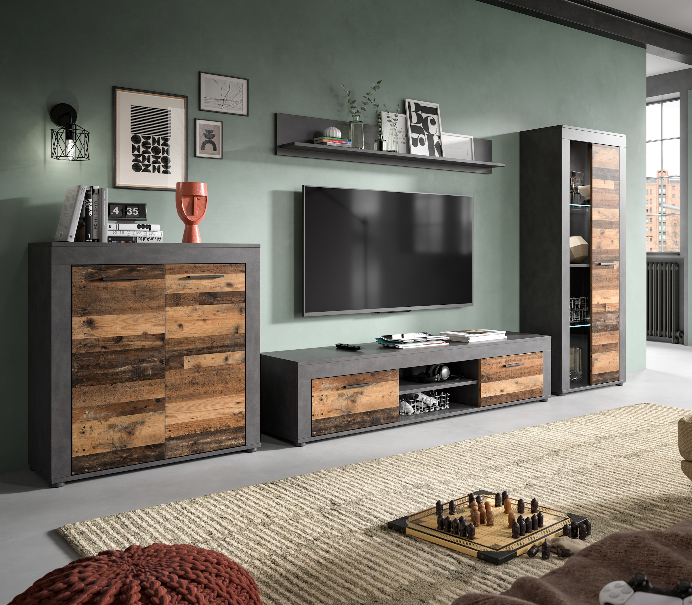 INOSIGN Wohnwand »Aosta, Breite 330cm, best. aus Highboard, Lowboard, Wandboard, Vitrine«, (4 St.), Wohnwand, Kombination, Anbauwand, Möbel Set, Schrankwand, Möbel Kombi