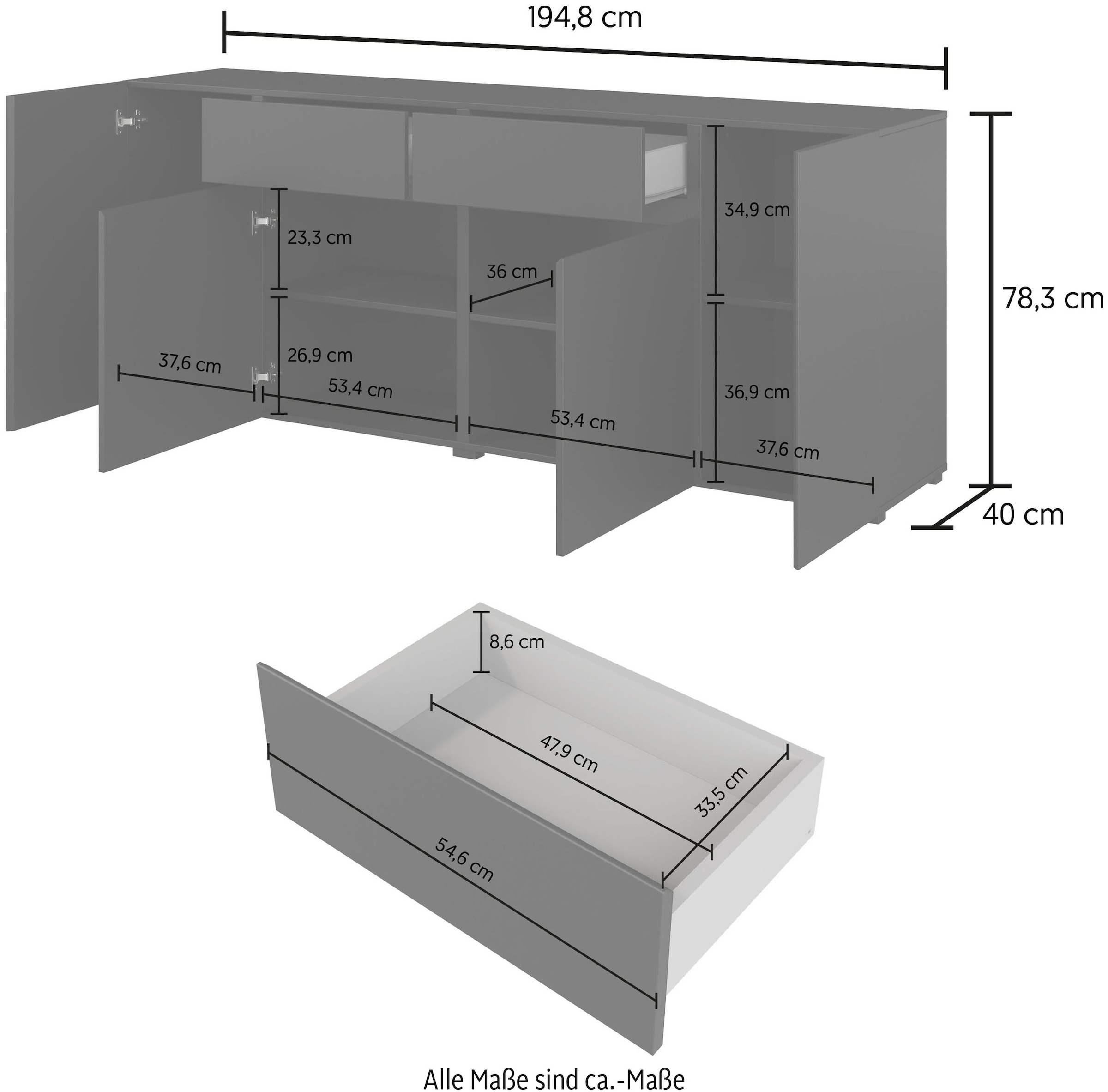 INOSIGN Kombikommode »Metric,Breite 195 cm, grifflose Kommode 4 Türen/2 Schubkästen«, Schubladenschrank mit viel Stauraum, Einlegeböden verstellbar
