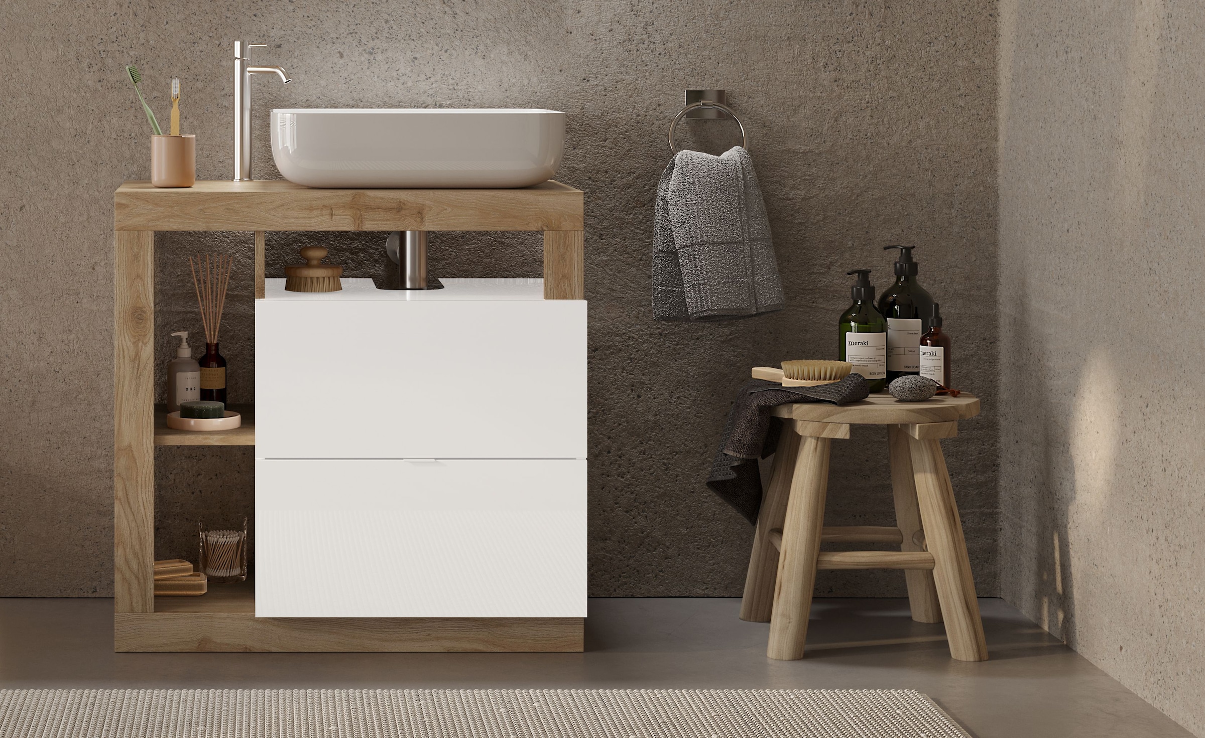 welltime Waschtisch »Hamburg« 2 Schubkästen, Breite 79 cm, Soft-Close, inkl. Keramik-Aufsatzbecken