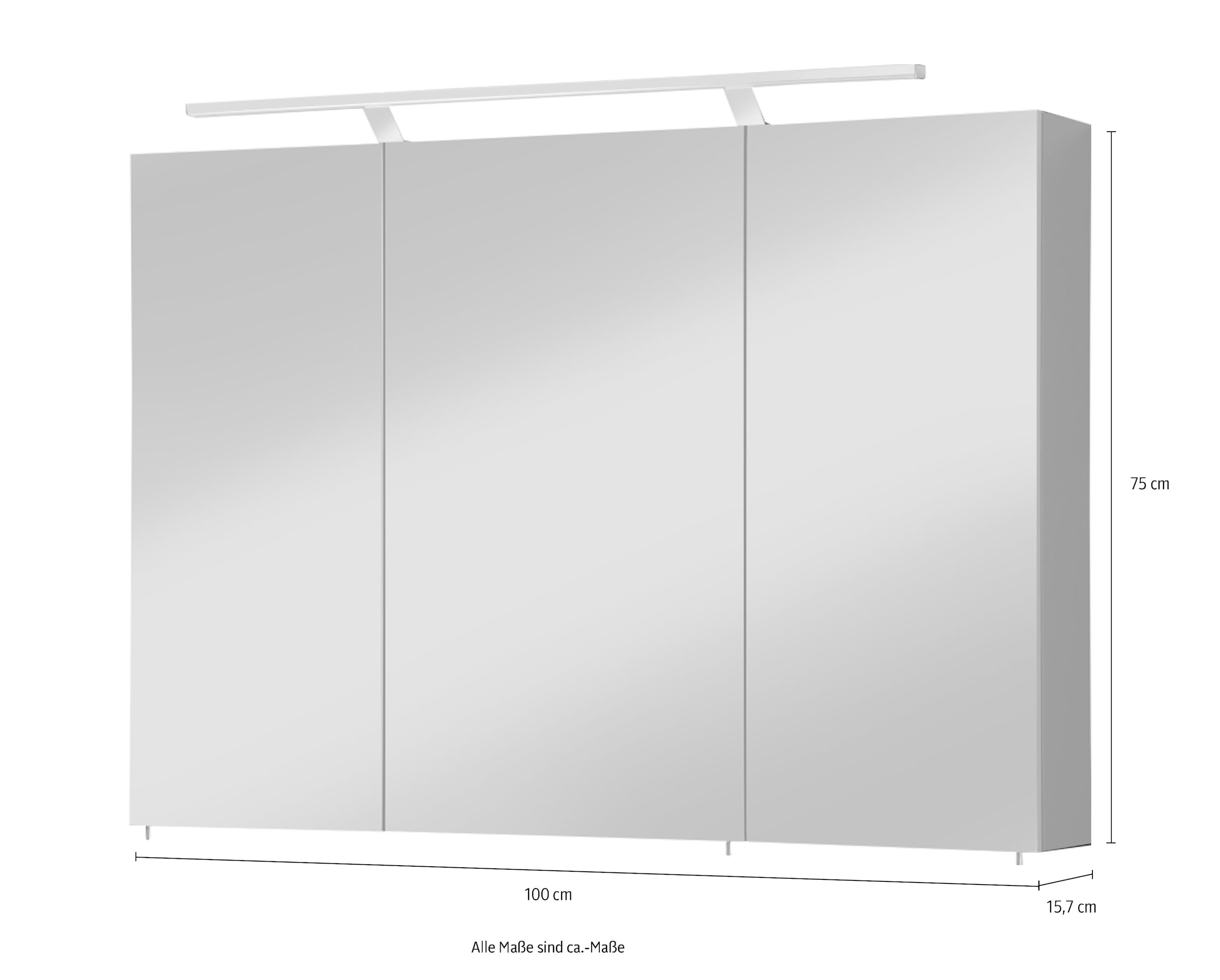 welltime Spiegelschrank »Torino made in Germany«, Breite 100 cm, 3-türig, LED-Beleuchtung, Schalter-/Steckdosenbox