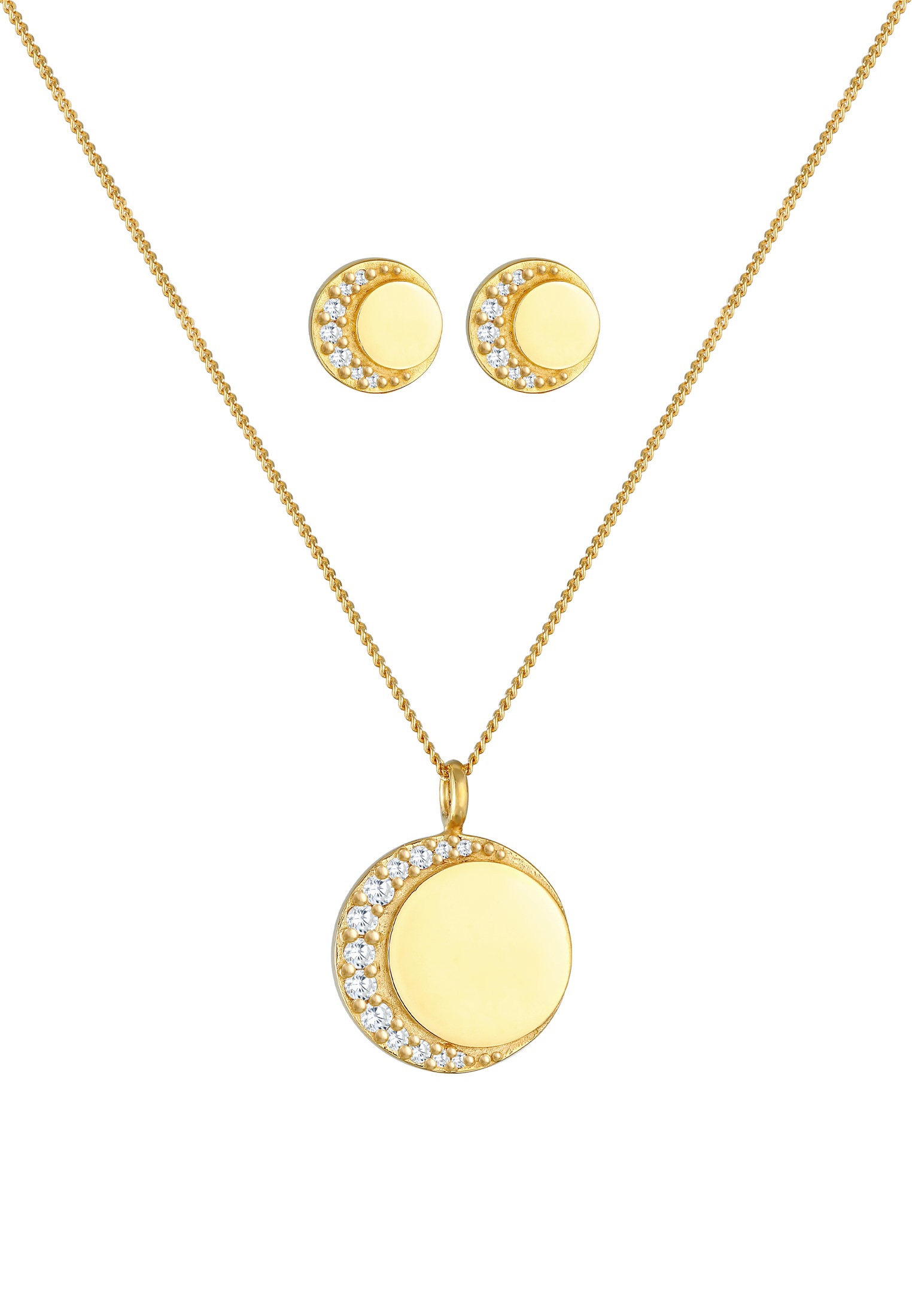 Nenalina Ohrring und Ketten Set »Schmuckset Mond Plättchen Coin Astro Zirkonia 925 Silber«