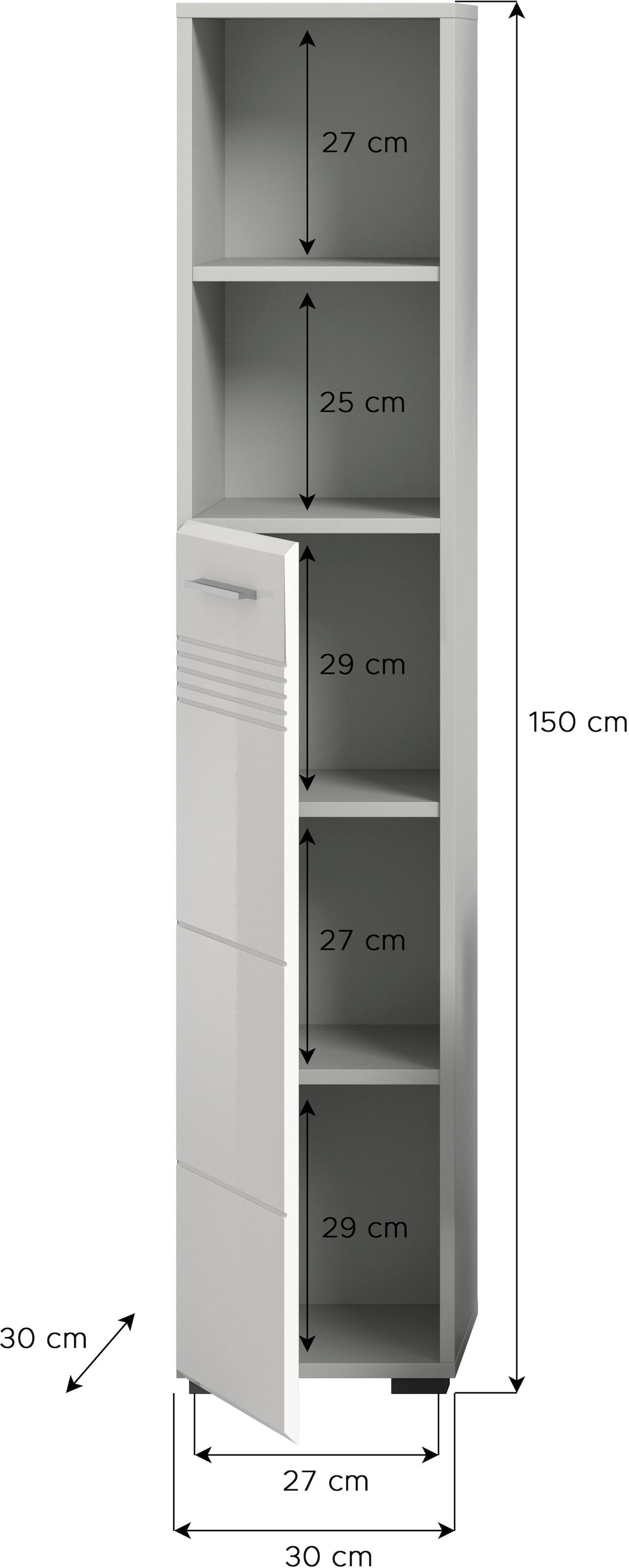 welltime Hochschrank »Calcio, Höhe 150 cm, 1 Tür, 2 offene Fächer, 3 Einlegeböden«, Türanschlag wechselbar, MDF Front, Badschrank, Bad-Möbel, Badezimmer