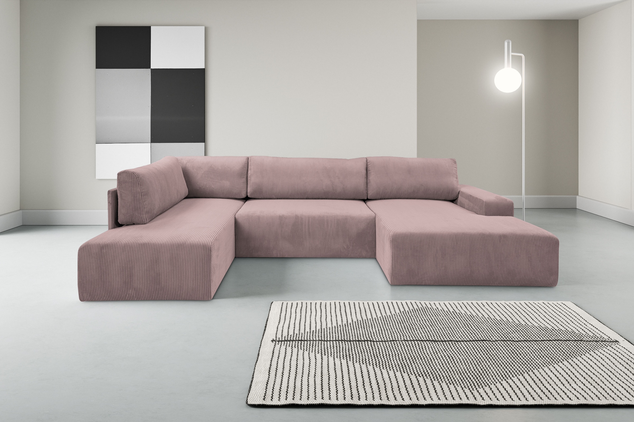 WERK2 Wohnlandschaft »Rotterdam 325 cm breit mit Bett und Bettkasten, viel Platz« Cord, U-Form, XXL, Schlaffunktion, Bettkasten