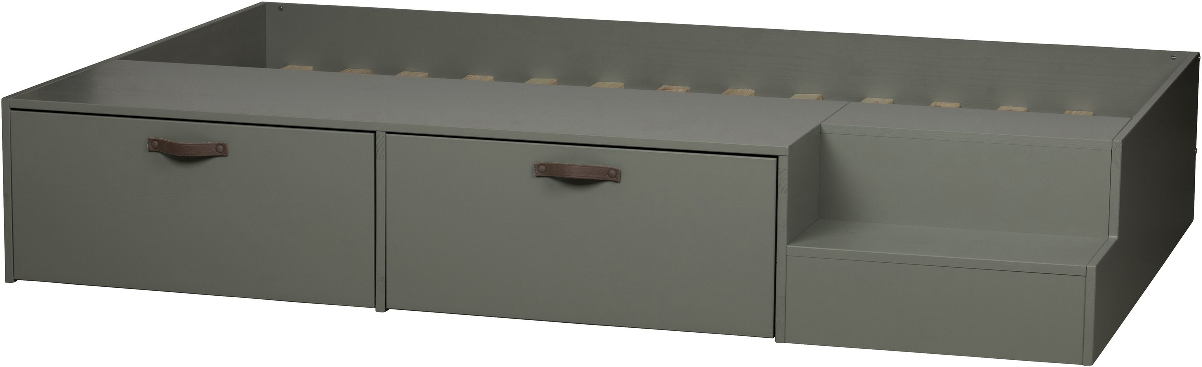 WOOOD Stauraumbett »Stage Massivholz FSC®-Kiefernholz mit Trittstufen 204 x 131 x 35 cm« Rollauszüge mit Ledergriff, breite Holzkante, Matratzenmaß 80x200 cm